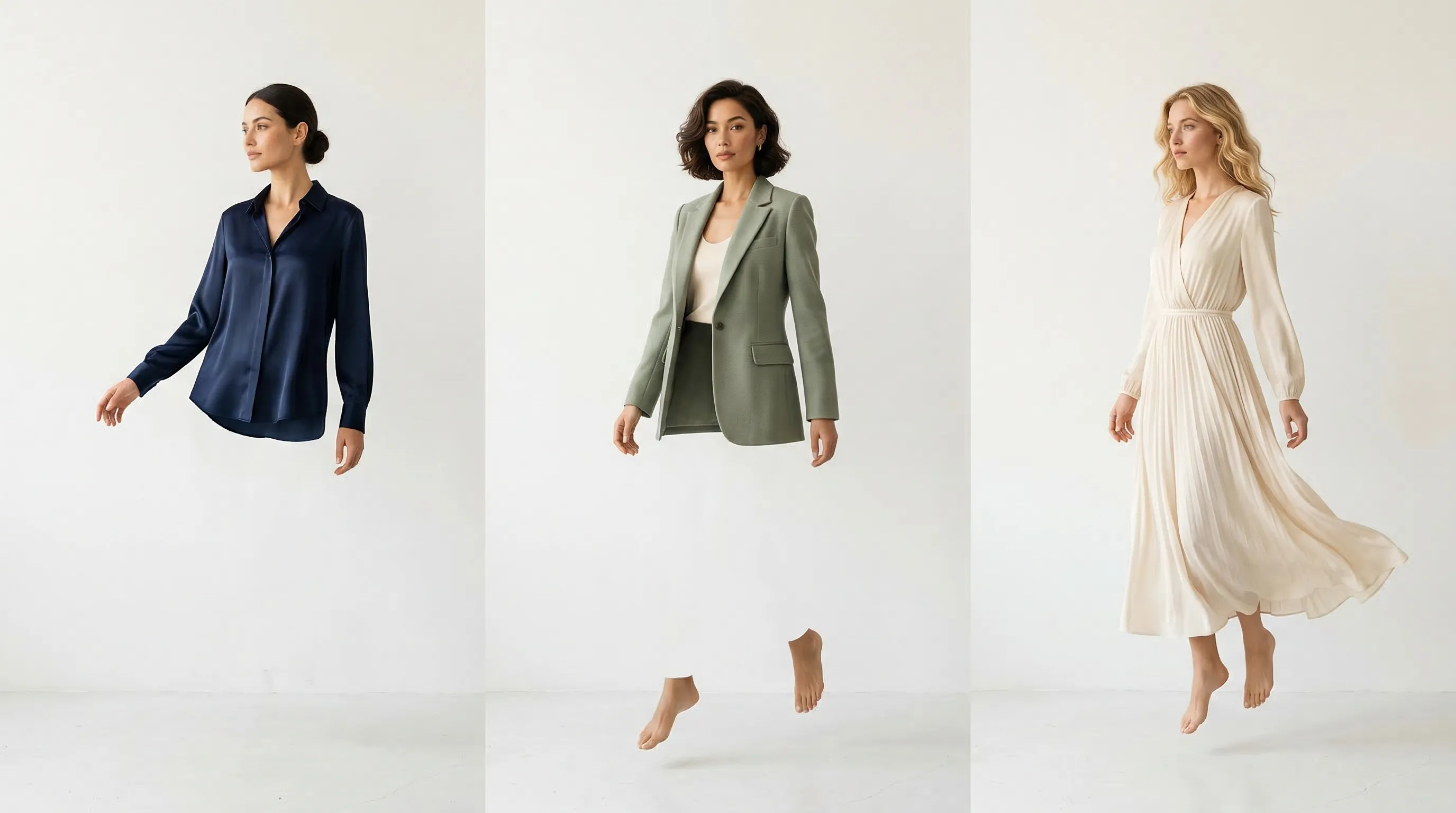 Three Nightjar AI fashion models photographed with consistent lighting, neutral backgrounds, and catalog styling
