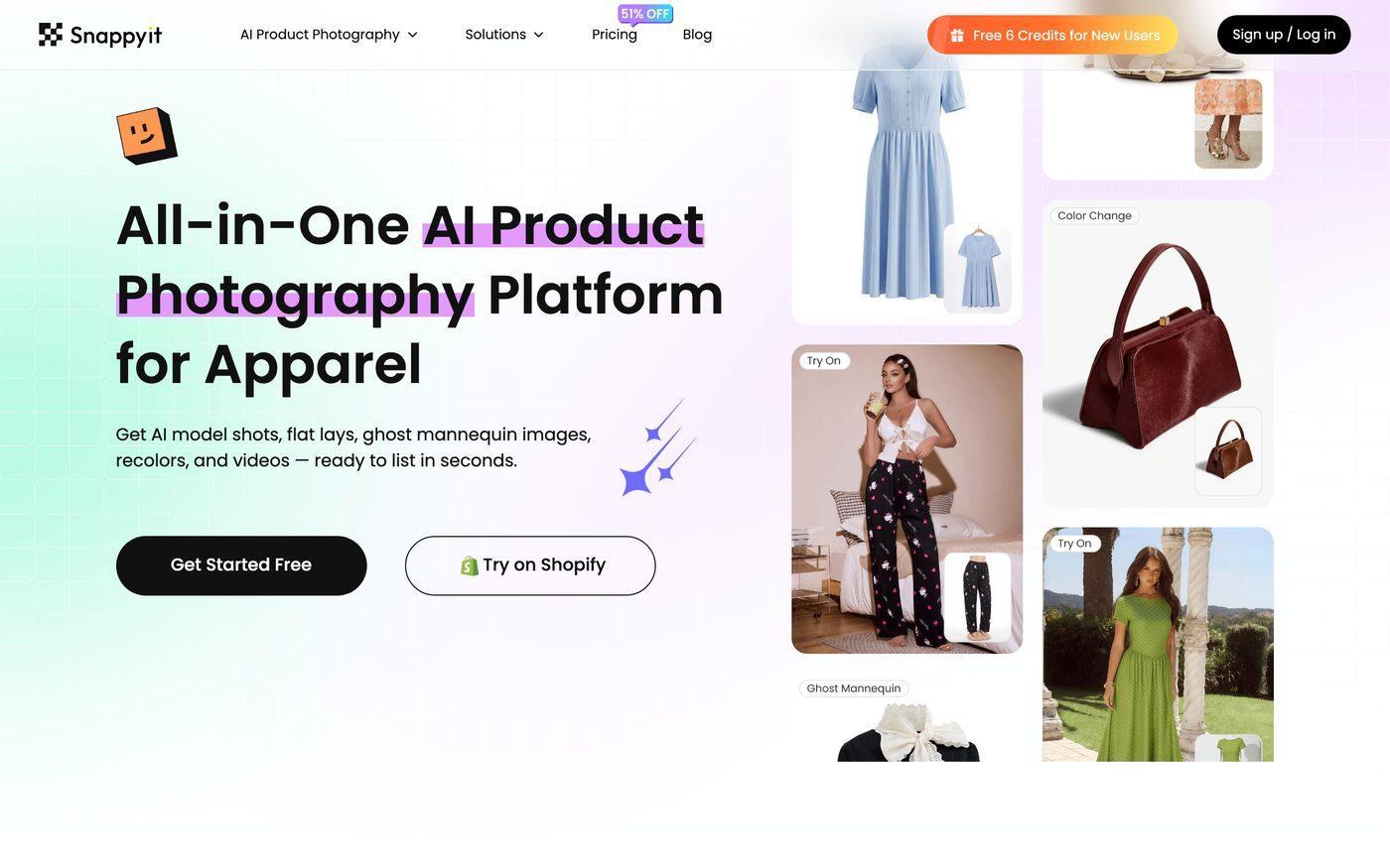 Snappyit homepage — all-in-one AI product photography platform for apparel