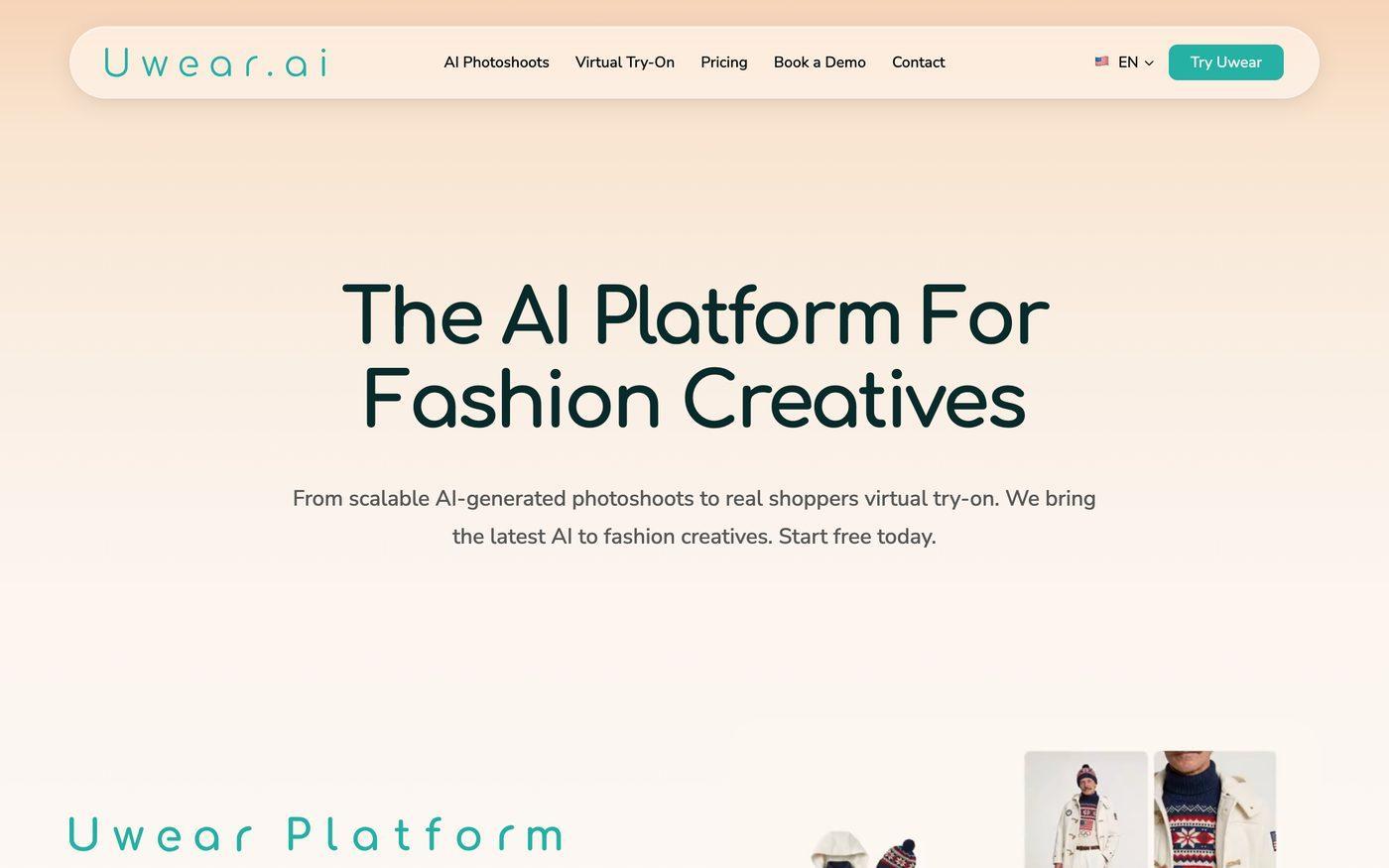 Uwear.ai homepage — AI platform for fashion creatives, pay-as-you-go credits