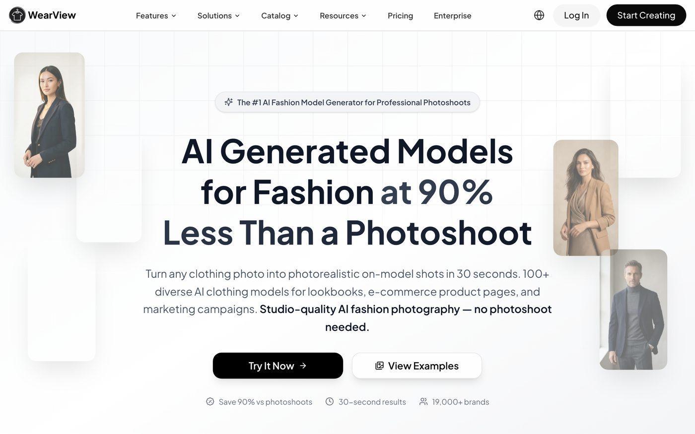 WearView homepage — AI generated fashion models at 90% less than a photoshoot