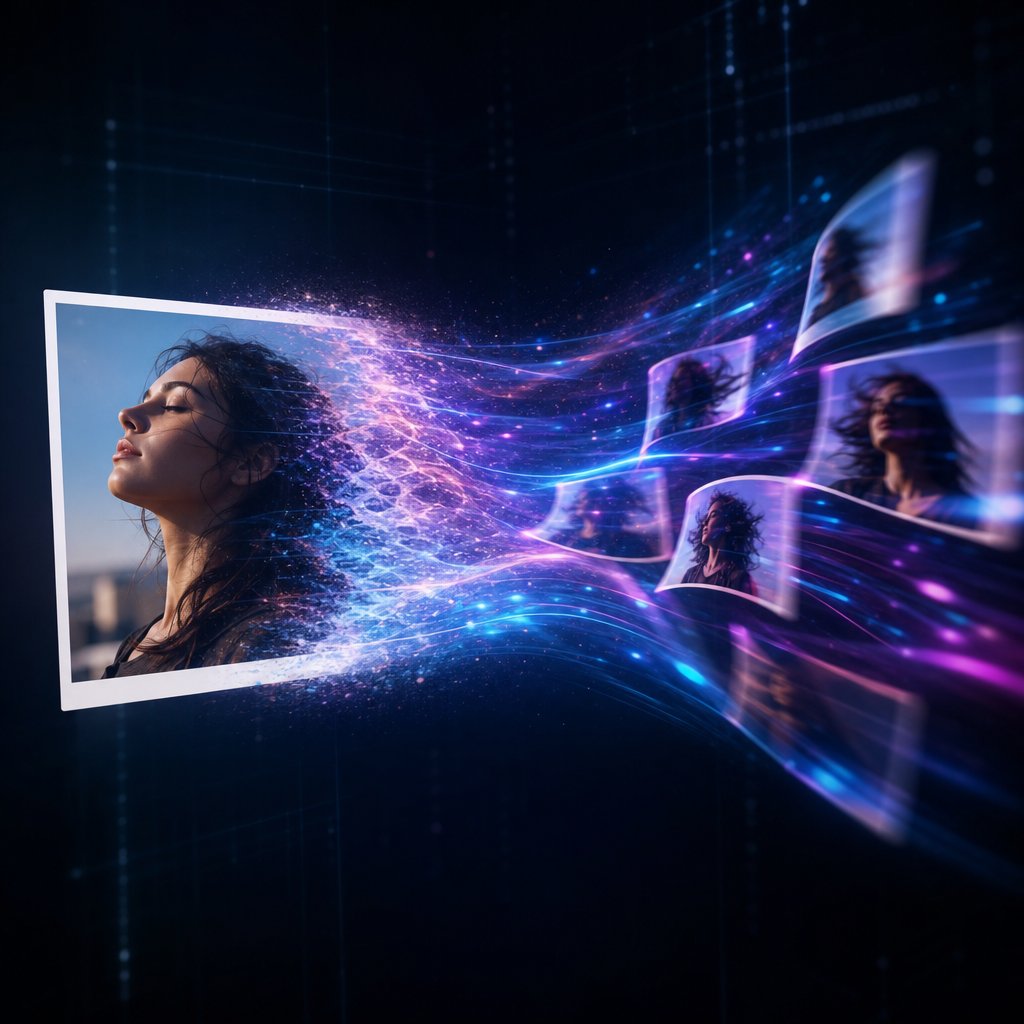AI image-to-video conversion transforms a single still photo into fluid motion by generating entirely new frames