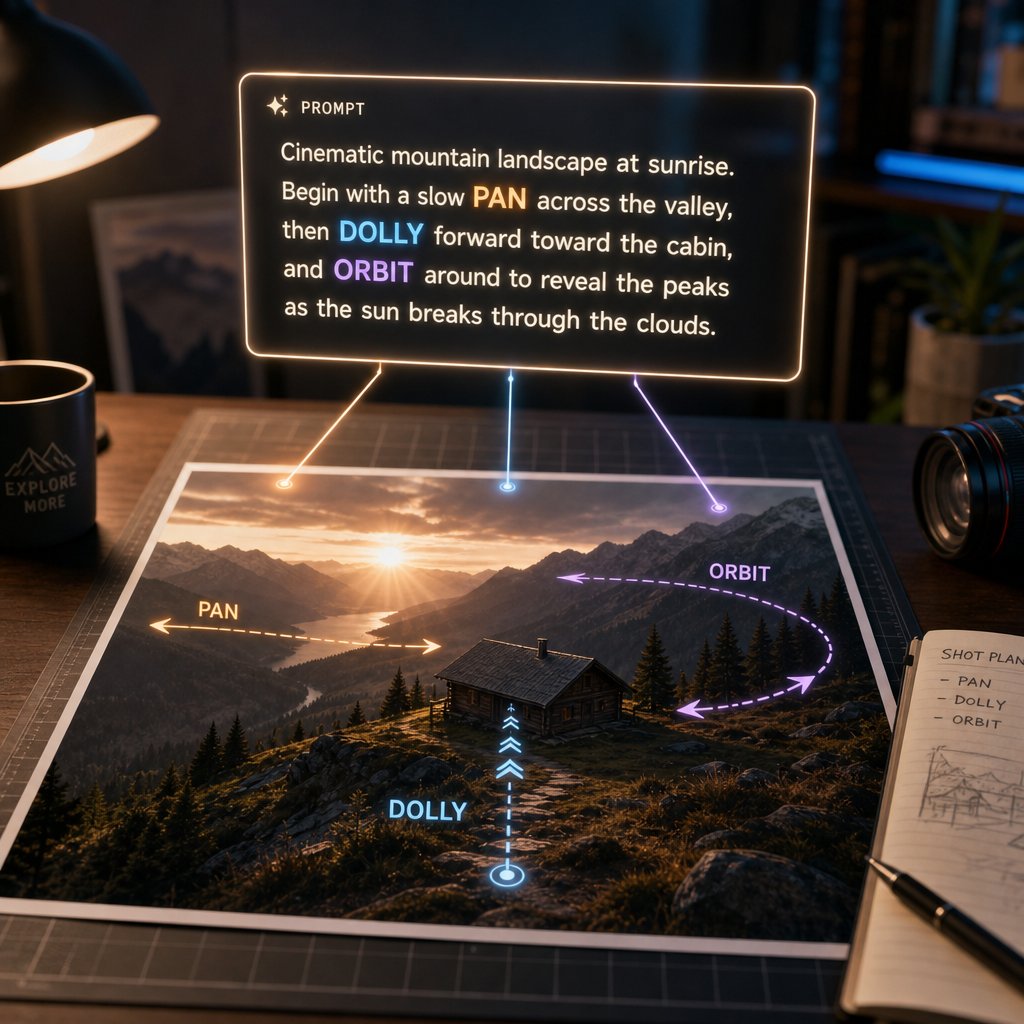 Effective prompts combine camera movement terms with subject actions and mood modifiers to guide AI motion generation