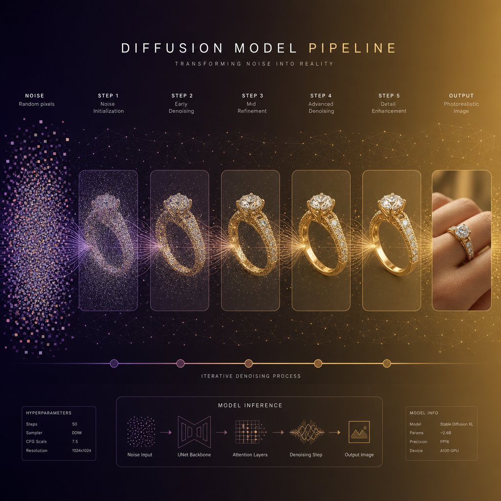 diffusion models iteratively refine noise into photorealistic jewelry imagery through multiple processing stages