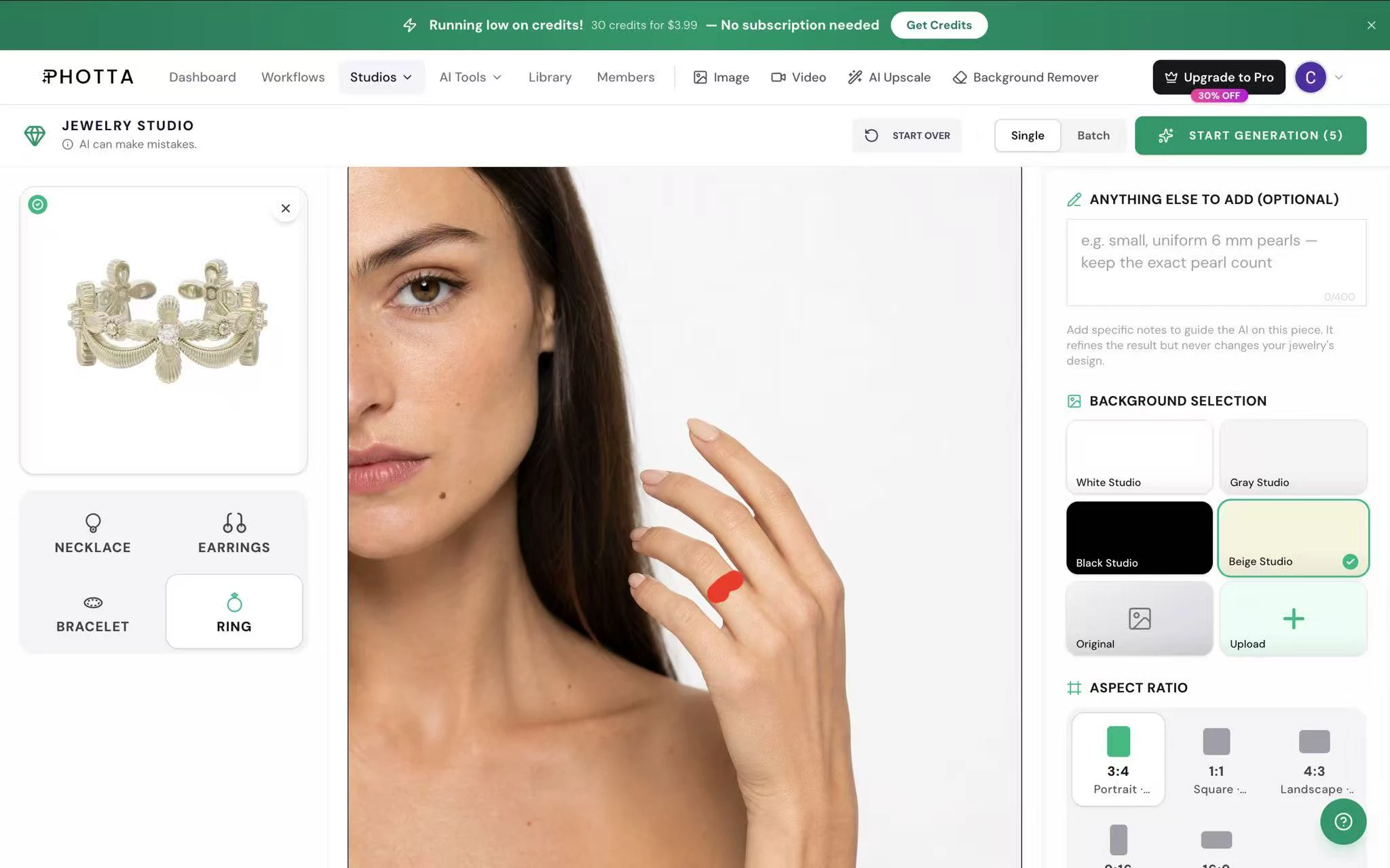 Photta workspace with a ring and placement brush marked on a finger