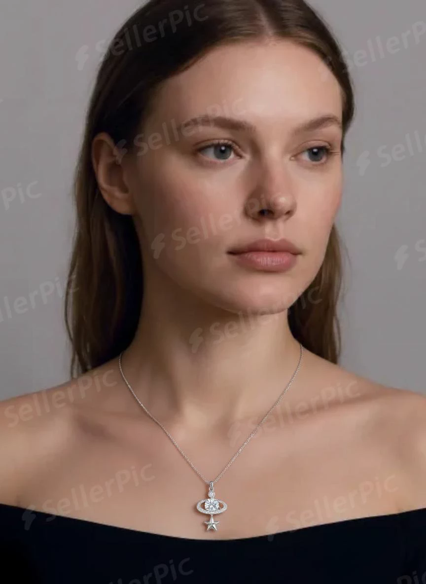 The pendant necklace on an AI-generated model in an off-shoulder top