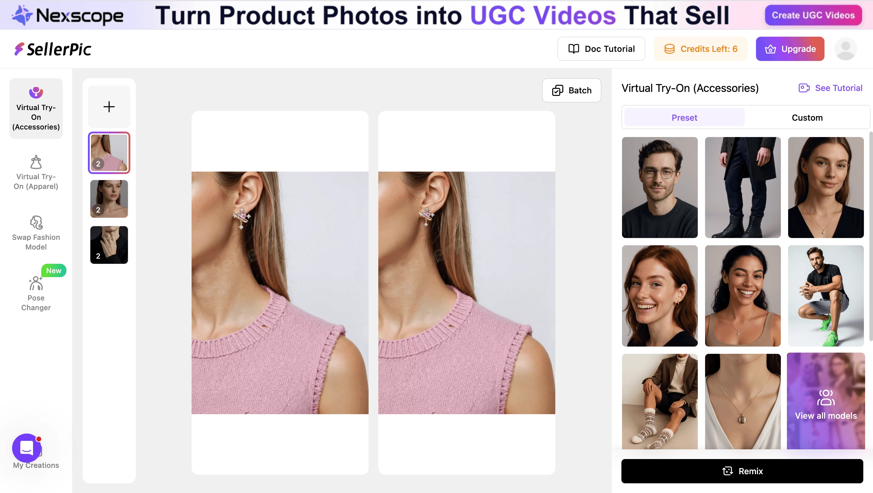 SellerPic accessory try-on workspace with earring results and model presets