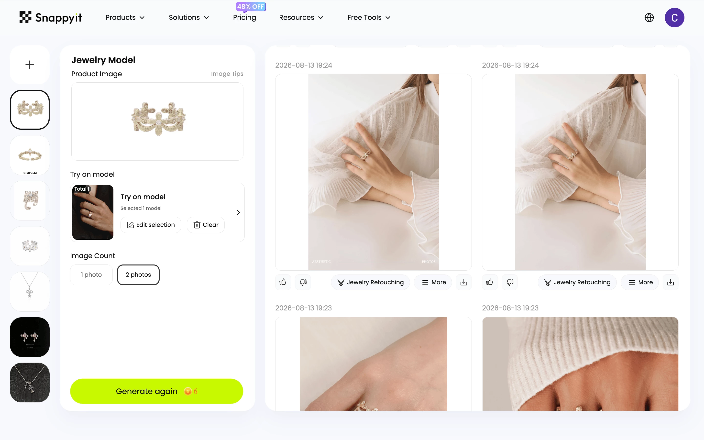 Snappyit Jewelry Model workspace with an uploaded ring and selected model