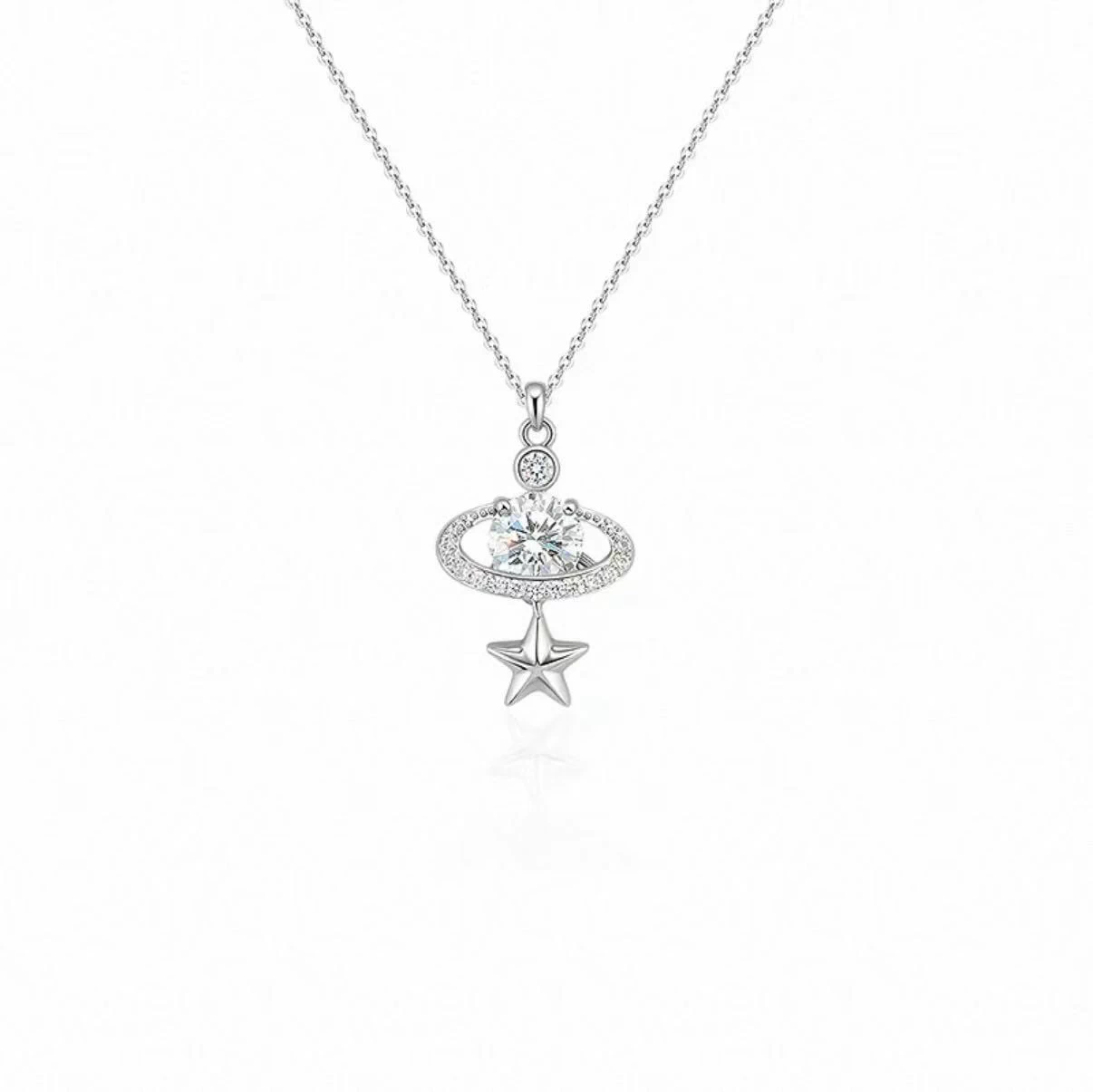 Silver pendant necklace with a pav&eacute; oval and star charm