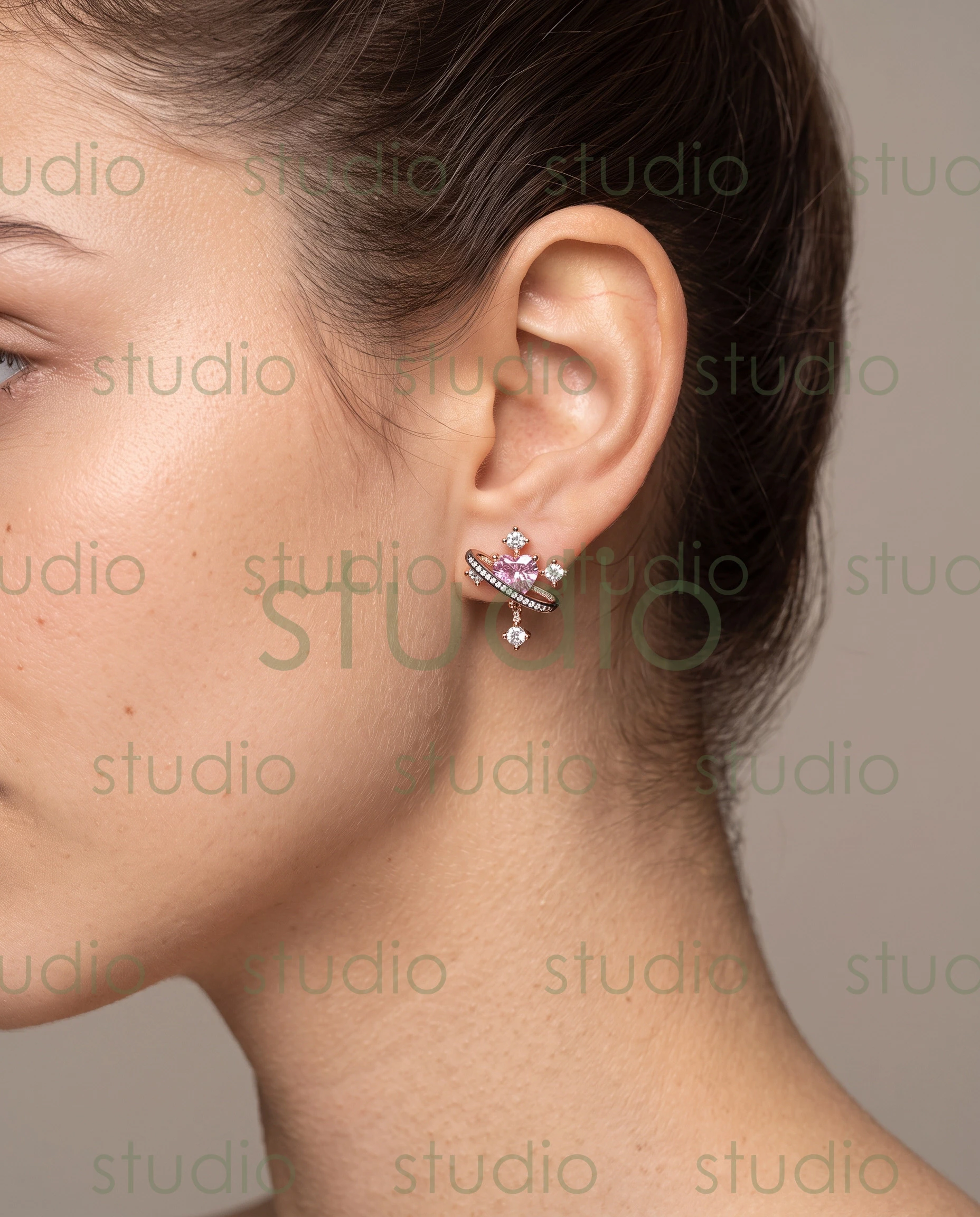 The pink heart stud on an AI-generated model, framed close on the ear