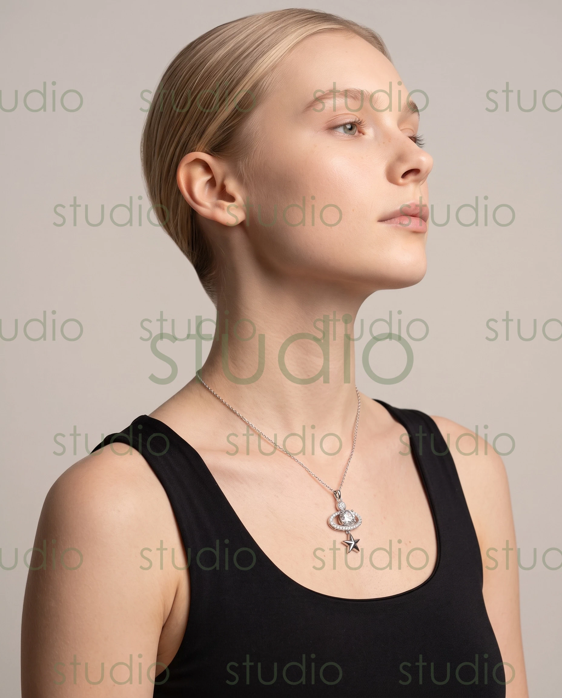 The pendant necklace on an AI-generated model in a black vest, shot in profile