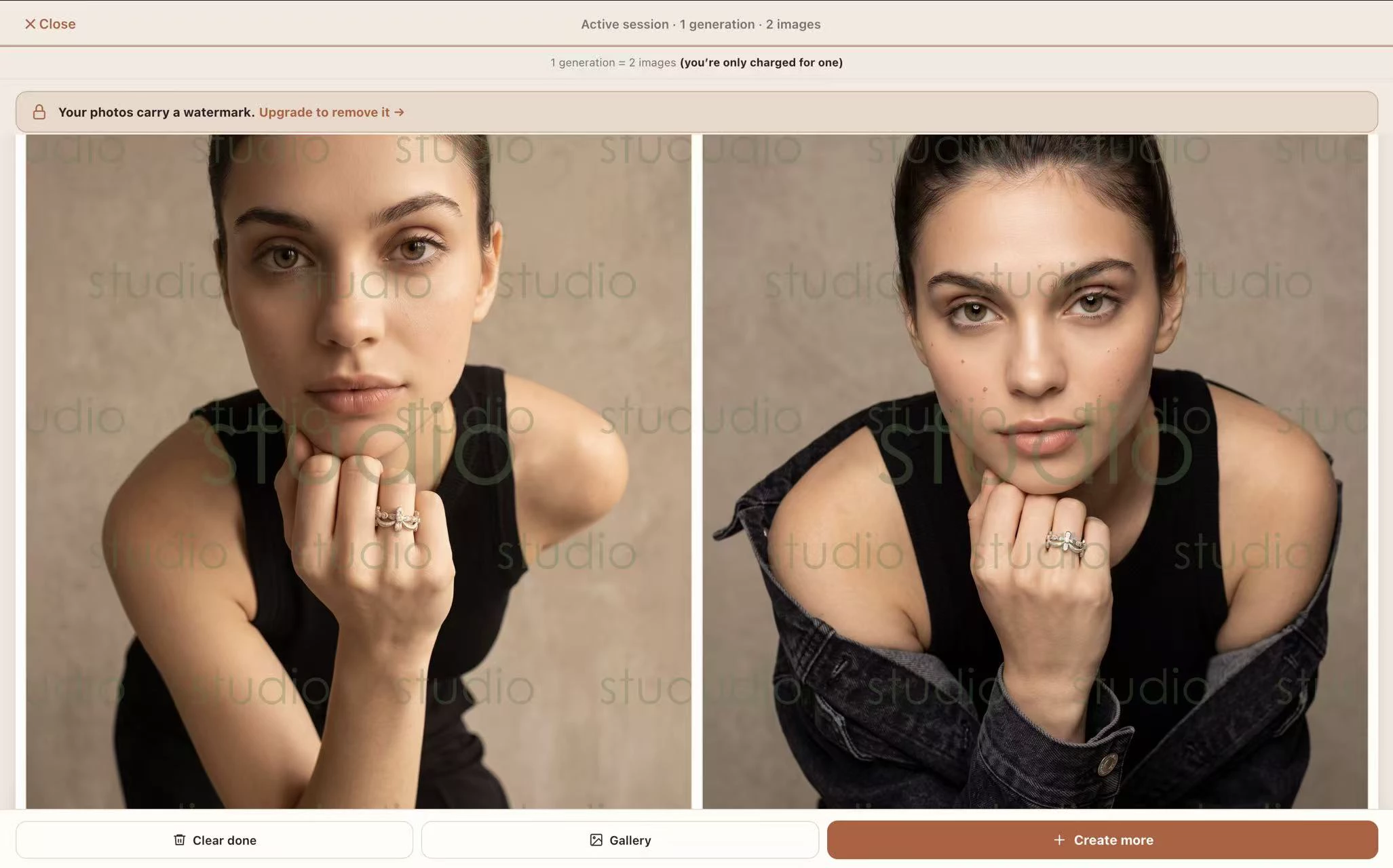 Studio Loya result screen with two watermarked images