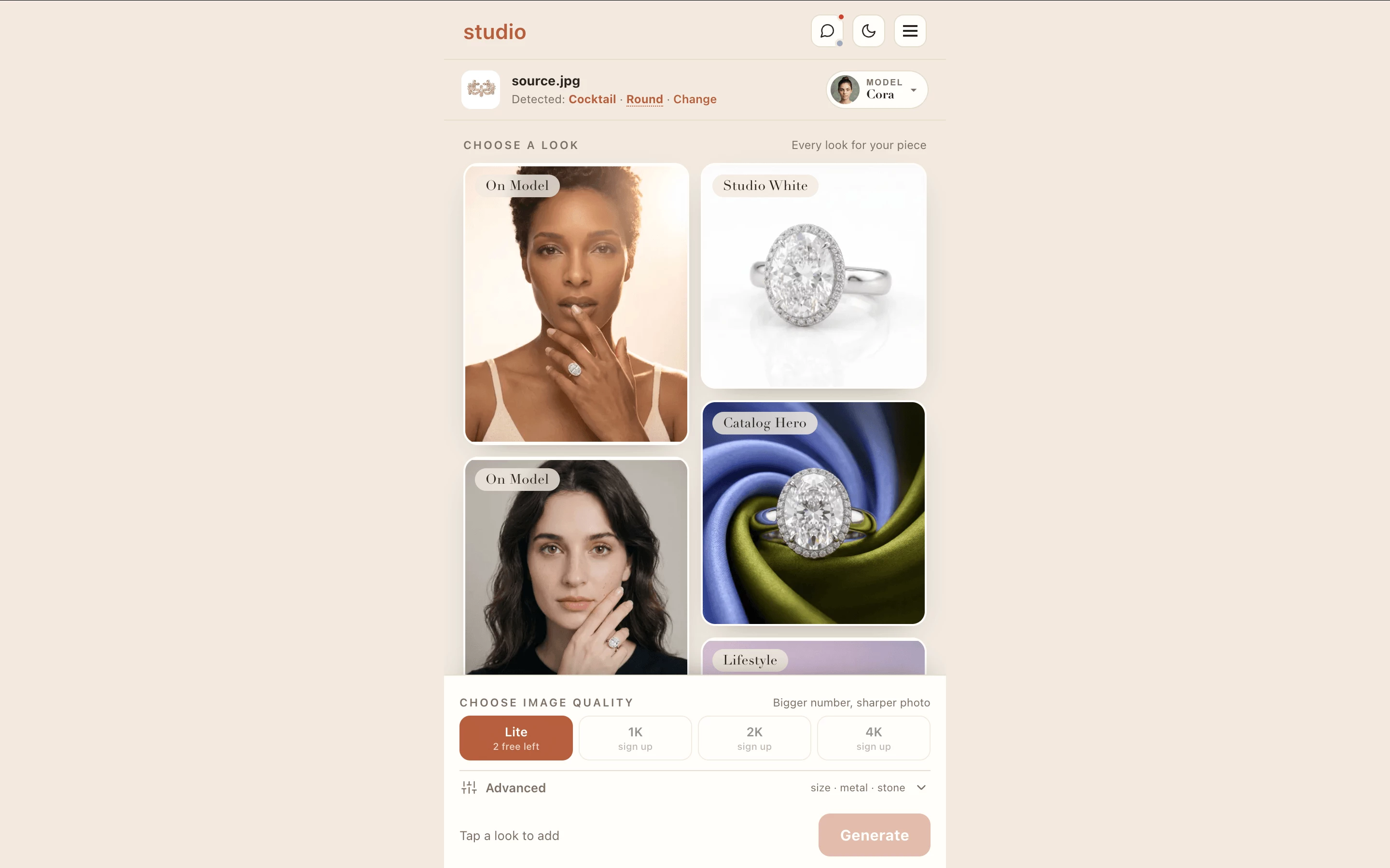 Studio Loya workspace with detected jewelry type and recommended templates