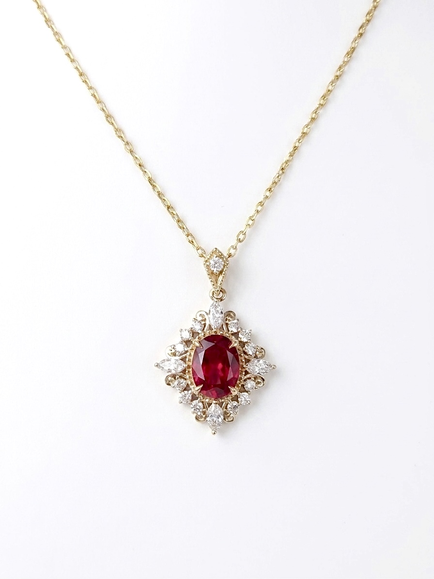 Ruby necklace after AI jewelry retouching on a clean white background