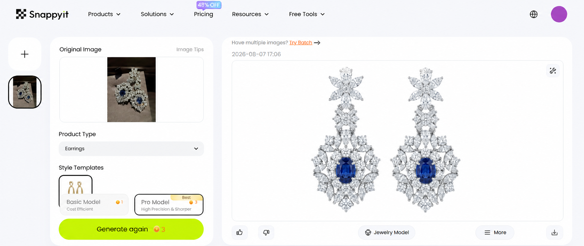 Snappyit jewelry workflow showing the original earrings, product settings, and generated result
