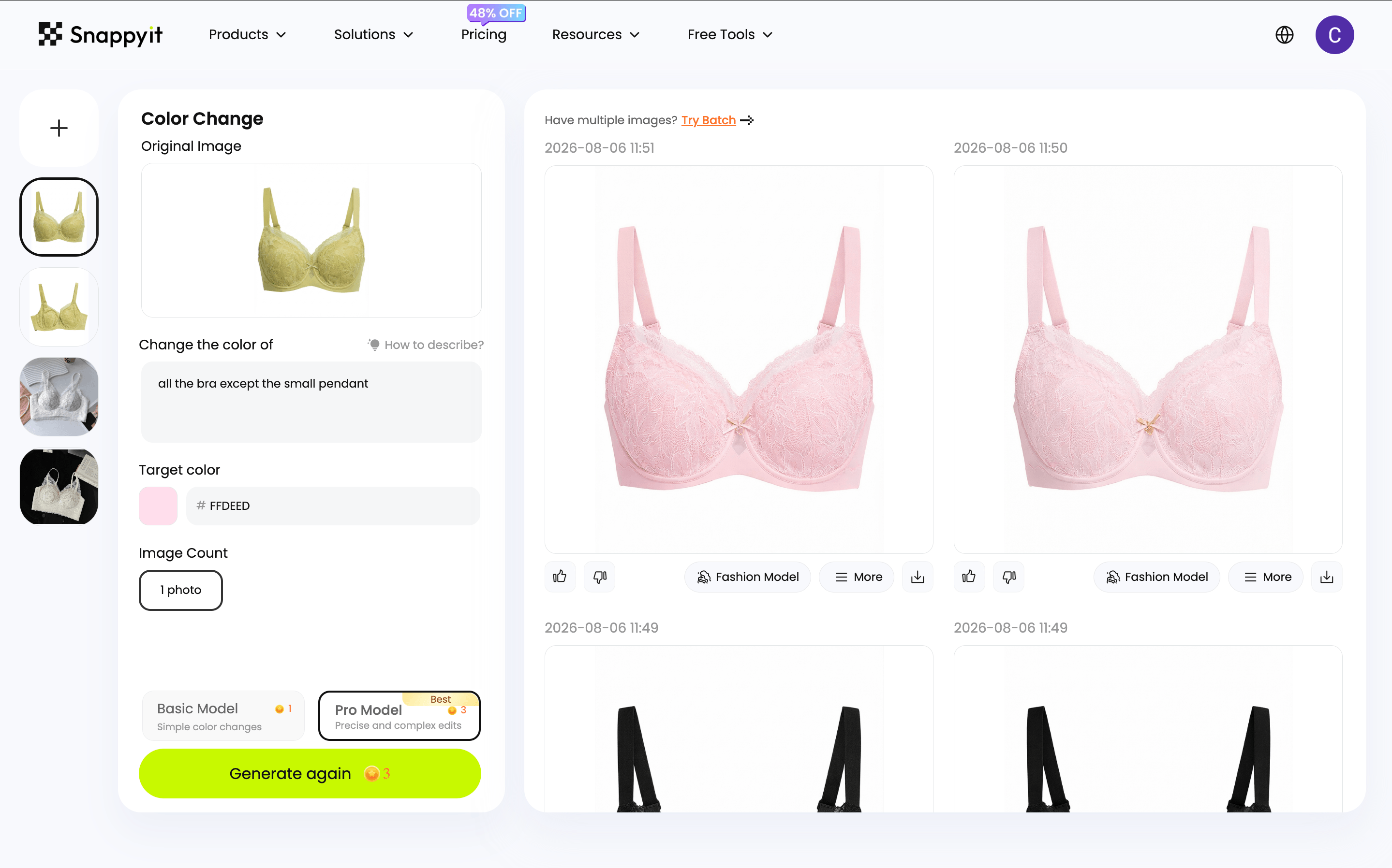 Snappyit Color Change workspace for a lingerie product image