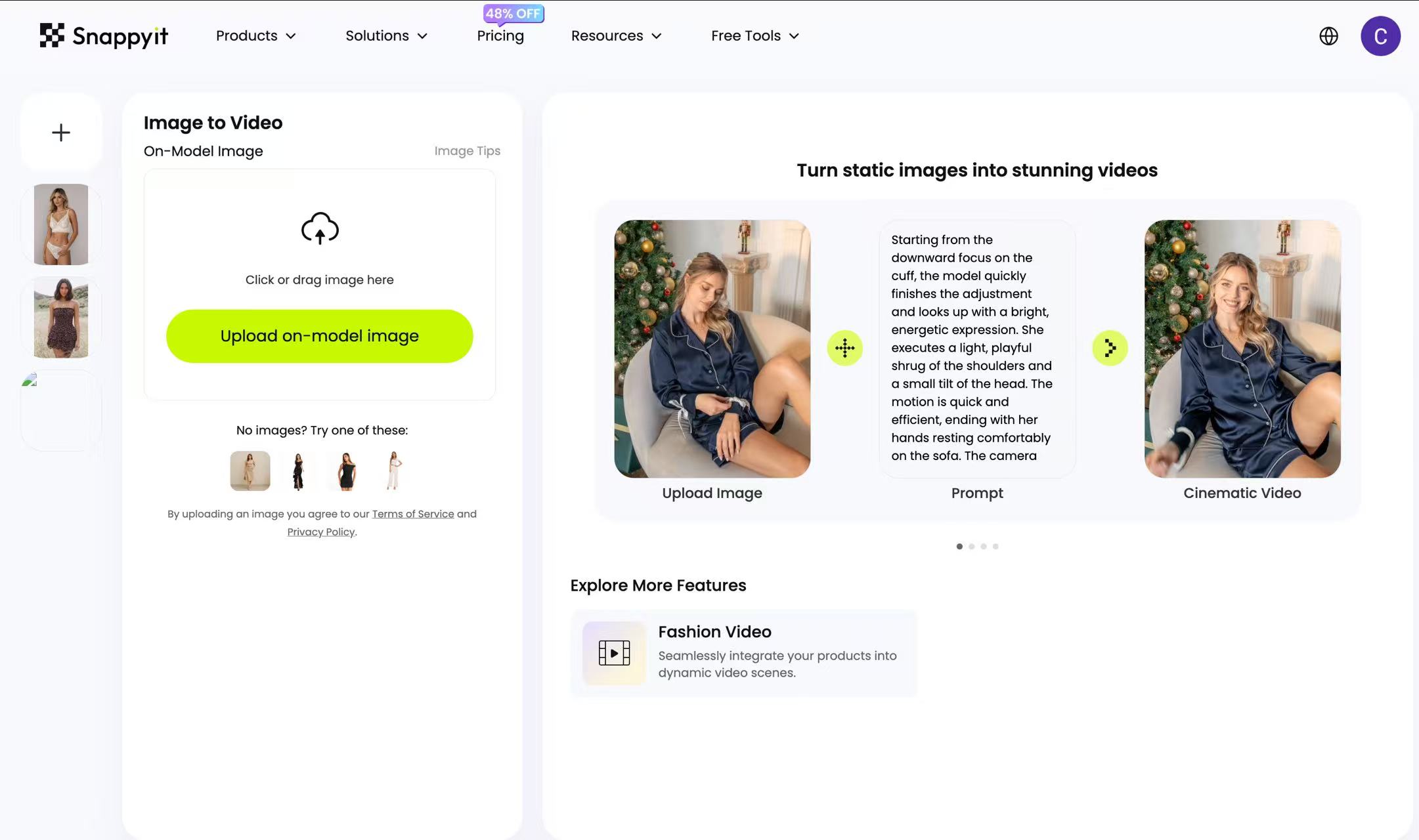 Snappyit Image to Video workspace for an on-model source image