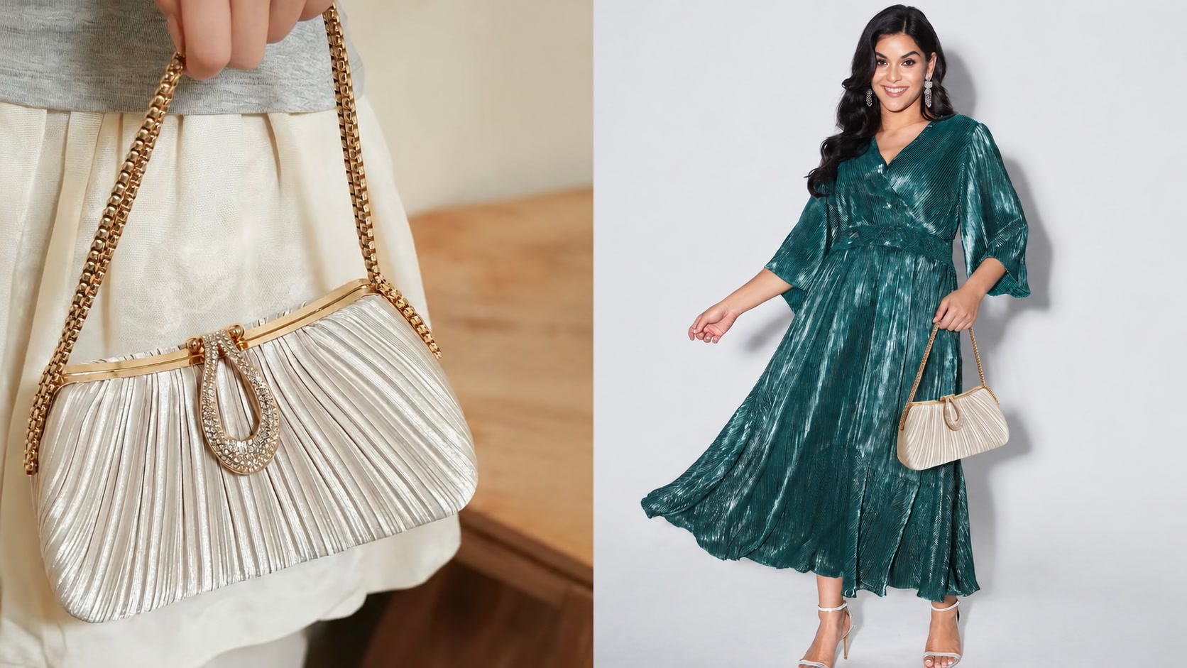 Handbag product photo beside an AI-generated on-model styling result