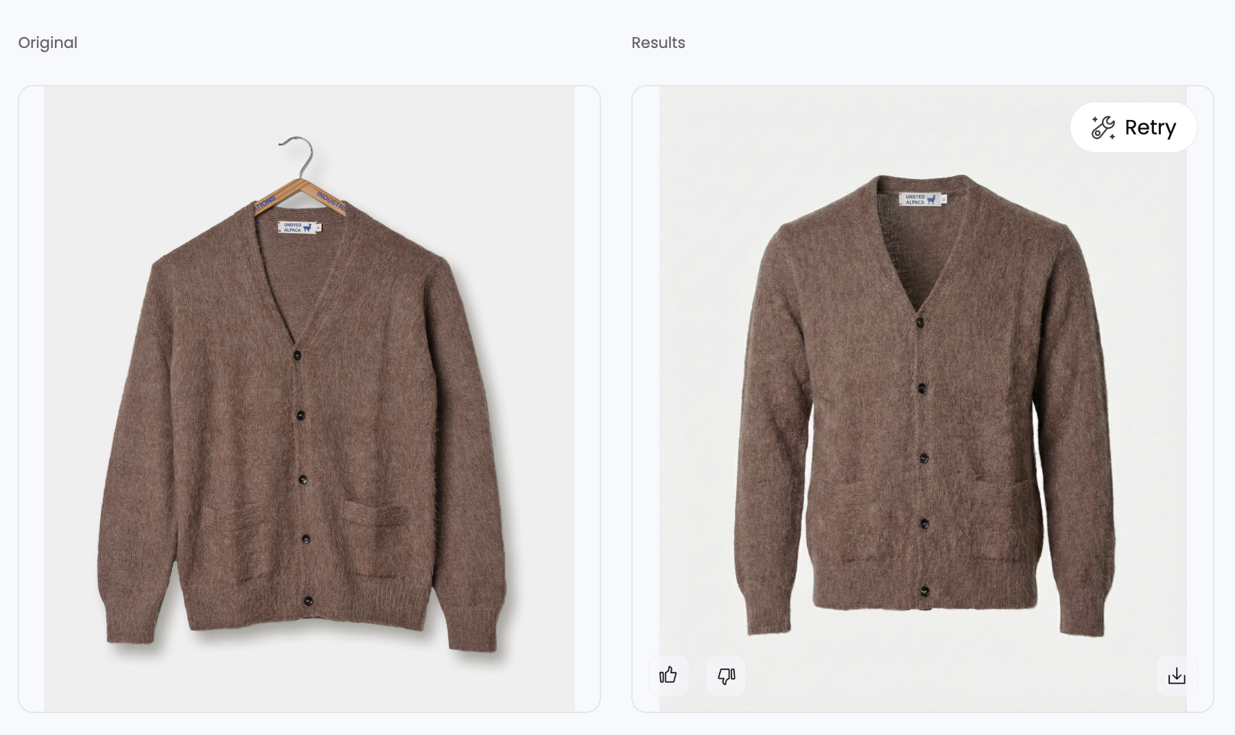 A product-trained AI result — the original cardigan on the left and the AI render on the right, with the buttons, knit texture, and pockets preserved rather than reinvented