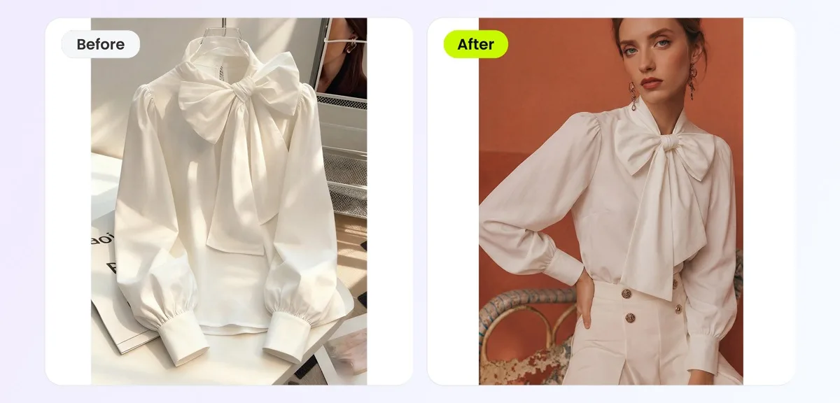 Before and after — product photo transformed into AI-generated on-model fashion photo
