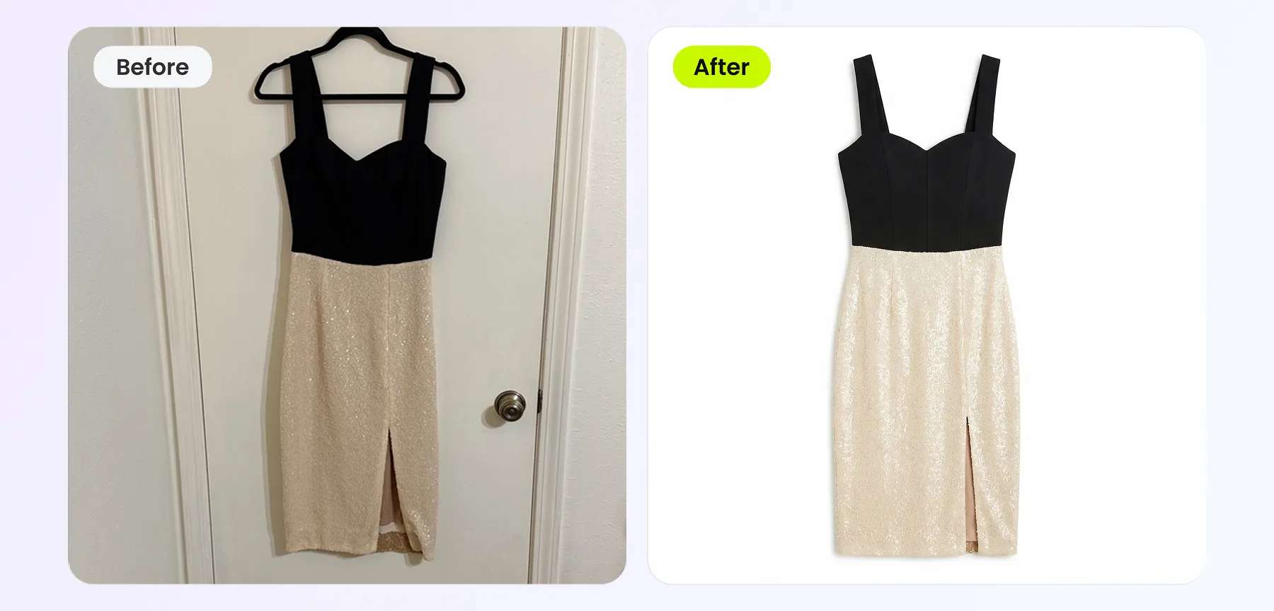 Before and after — casual phone photo of a dress transformed into professional product image with AI flat lay