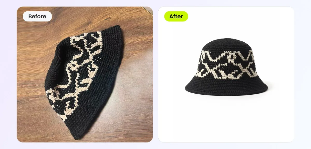 Before and after — flat hat photo transformed into 3D product display with AI ghost mannequin