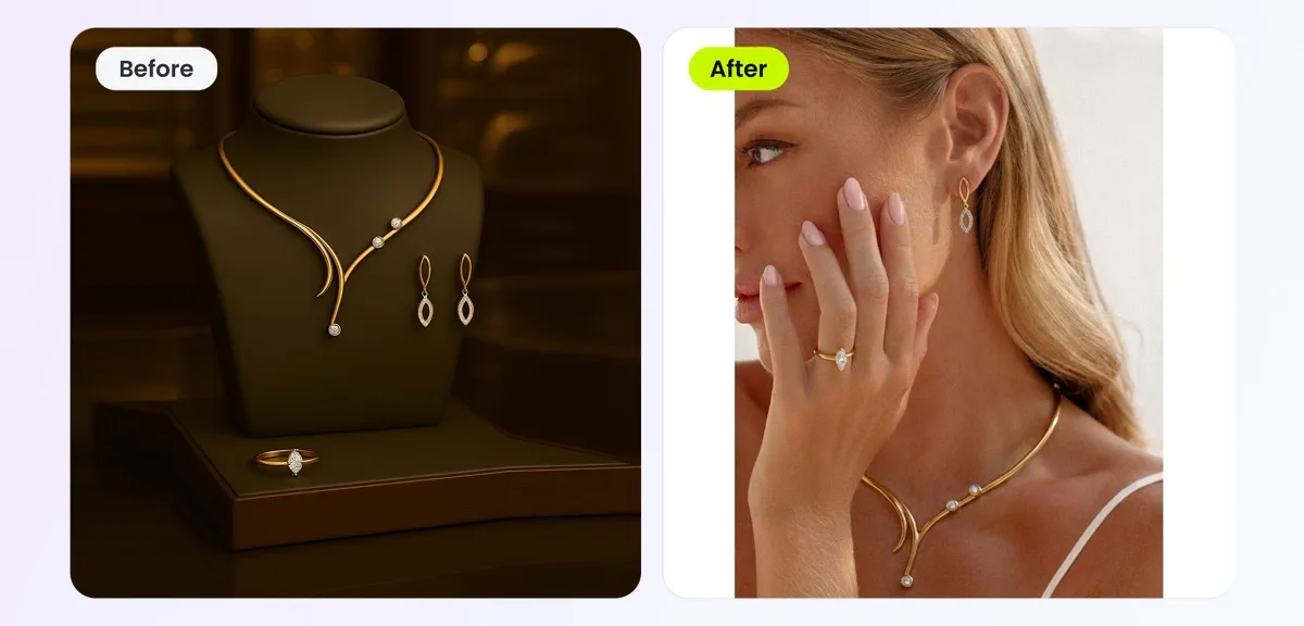 AI-generated on-model jewelry photo — necklace and earrings on virtual model