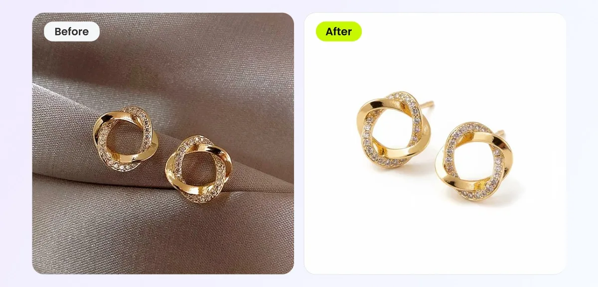 Before and after — casual jewelry photo transformed into professional retouched product image with AI