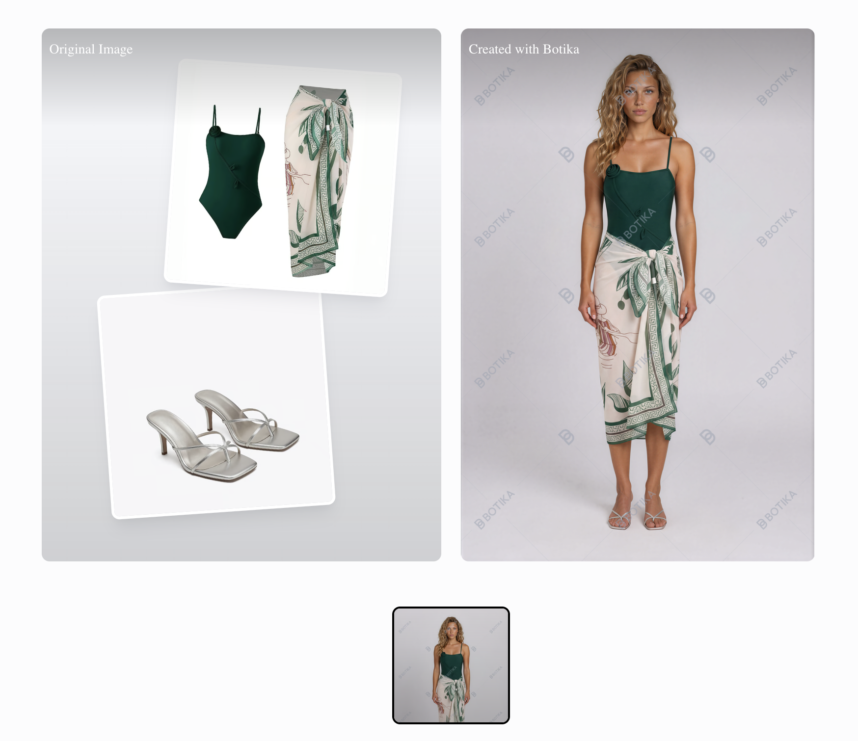 Botika Studio result for the green swimsuit with a shortened printed cover-up