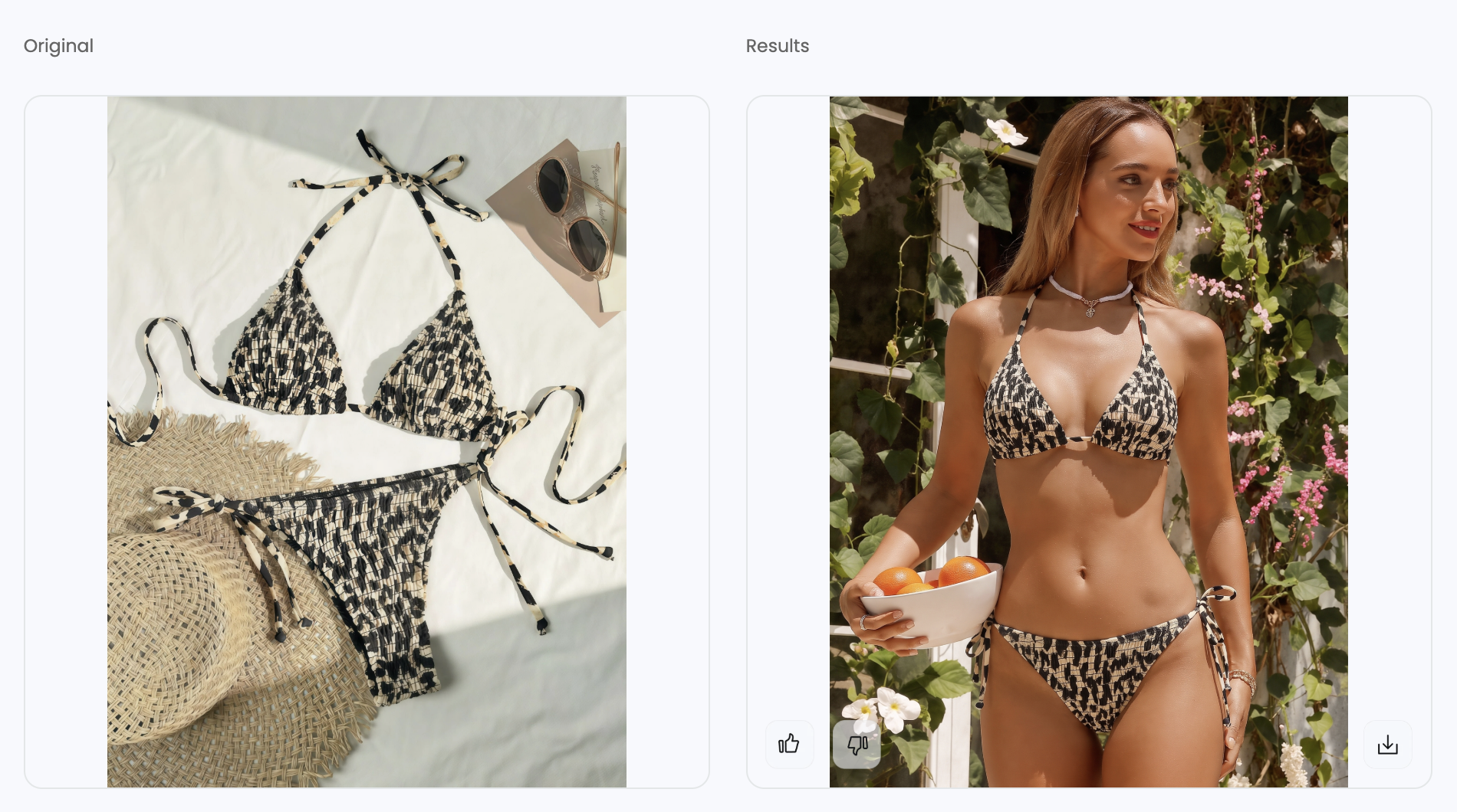 Printed bikini source photo and Snappyit lifestyle model result