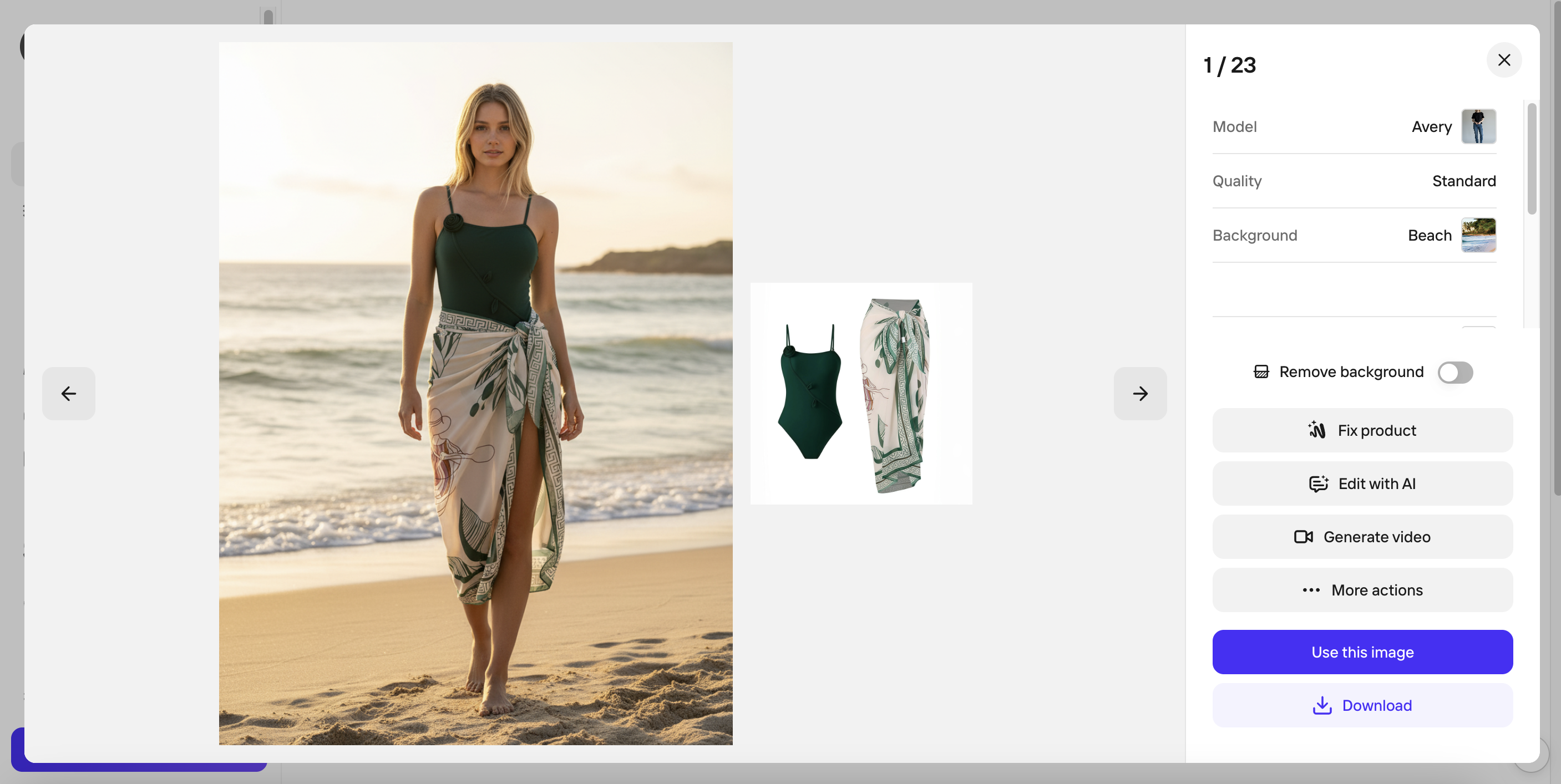 PhotoRoom beach result for the green swimsuit and printed cover-up