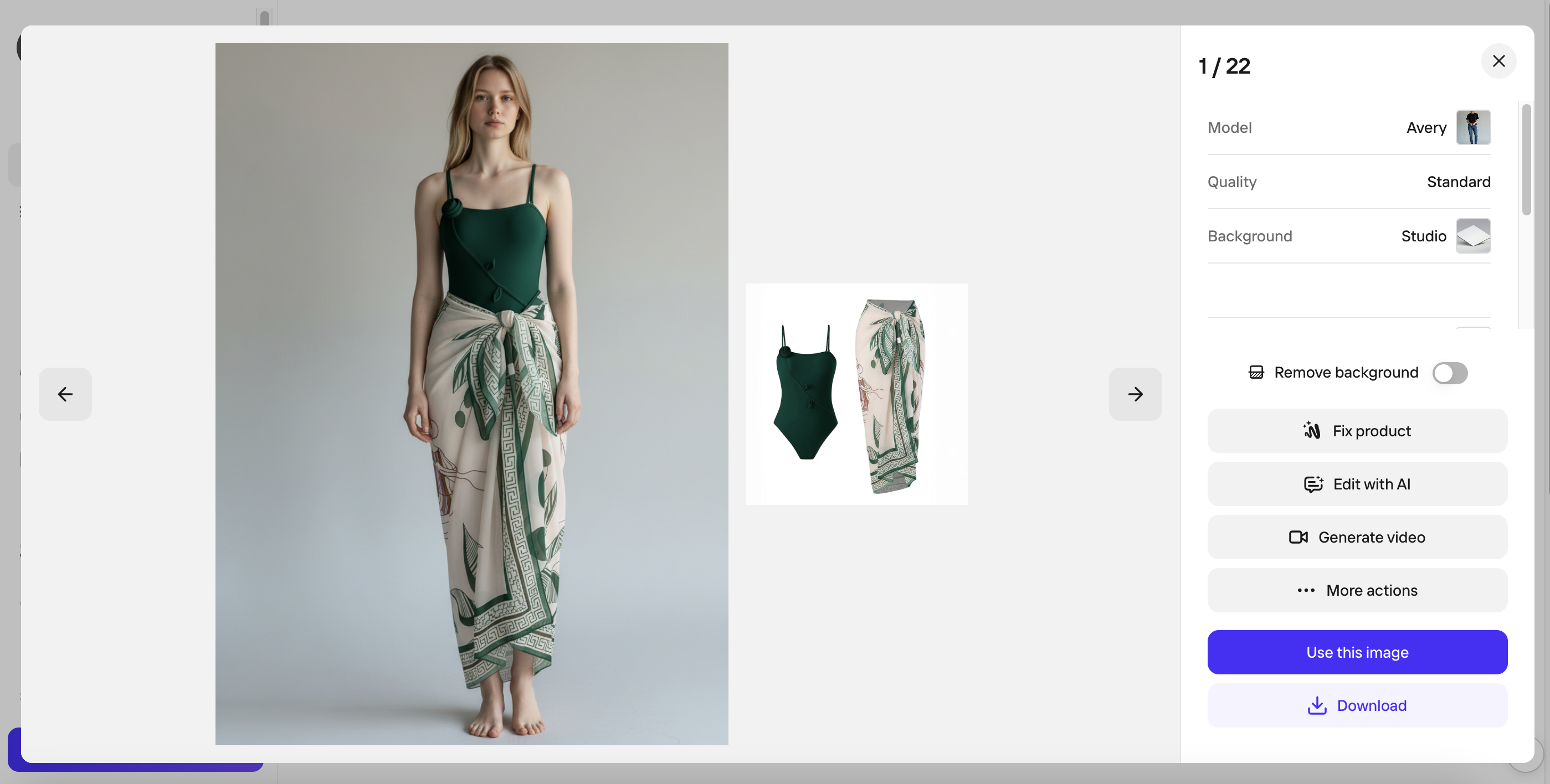 PhotoRoom studio result for the green swimsuit and printed cover-up