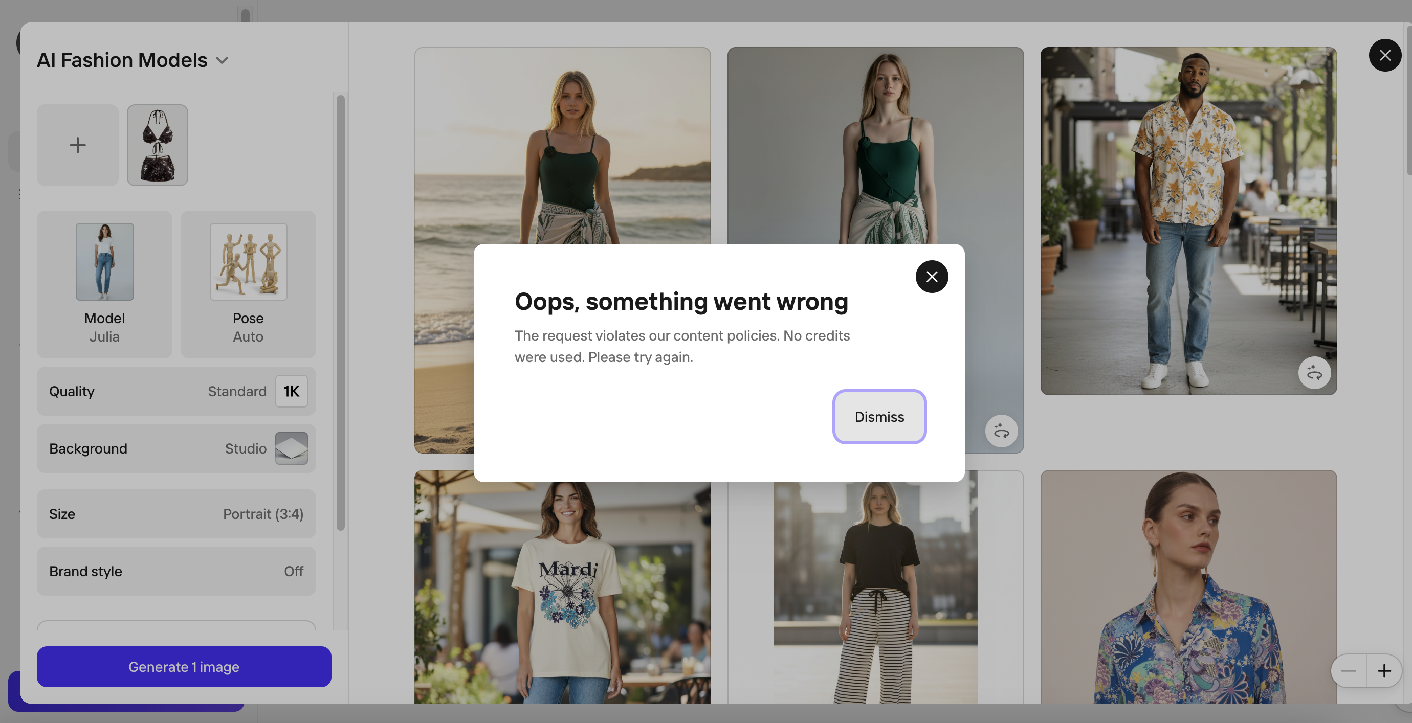 PhotoRoom content policy rejection for the brown sequin swimwear set