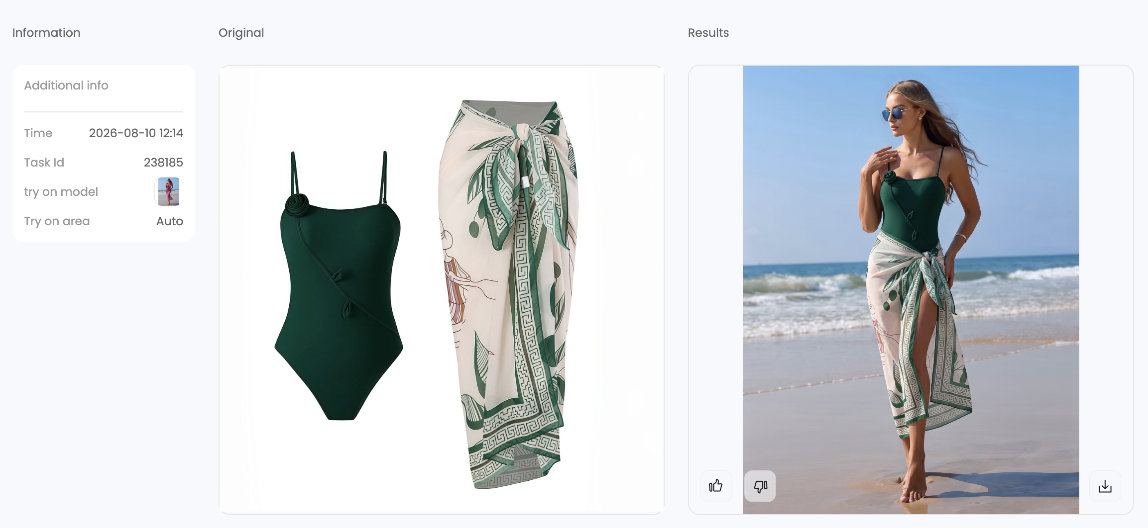 Snappyit lifestyle result for the green swimsuit and printed cover-up
