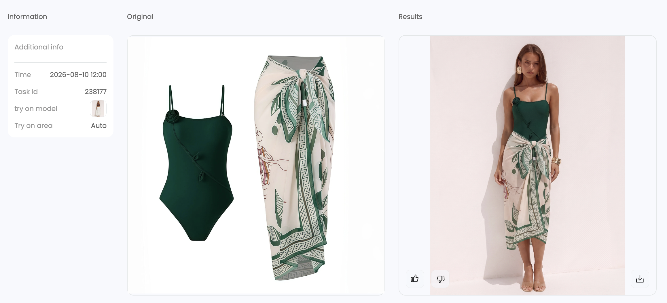 Snappyit studio result for the green swimsuit and printed cover-up