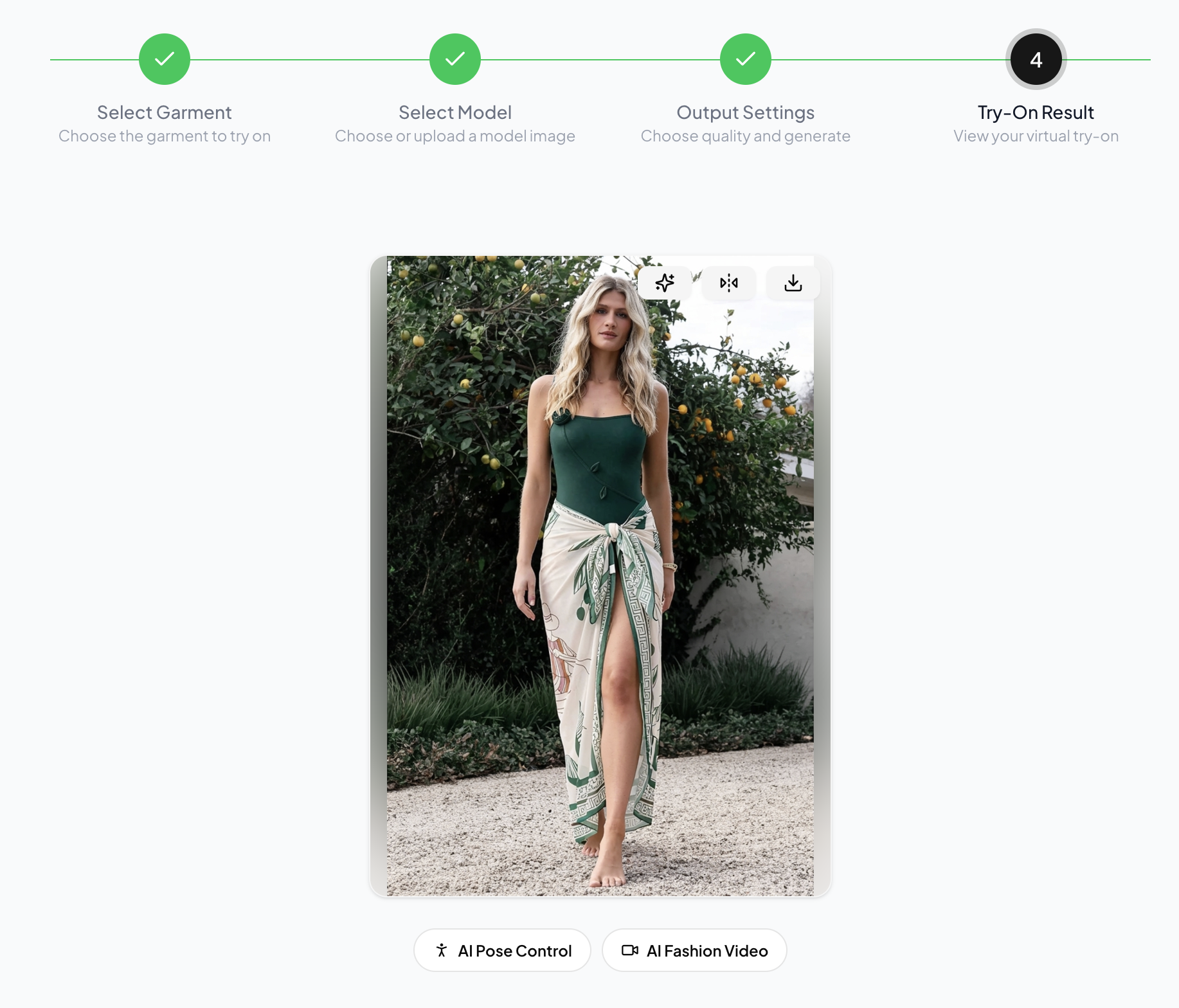WearView lifestyle result for the green swimsuit and printed cover-up
