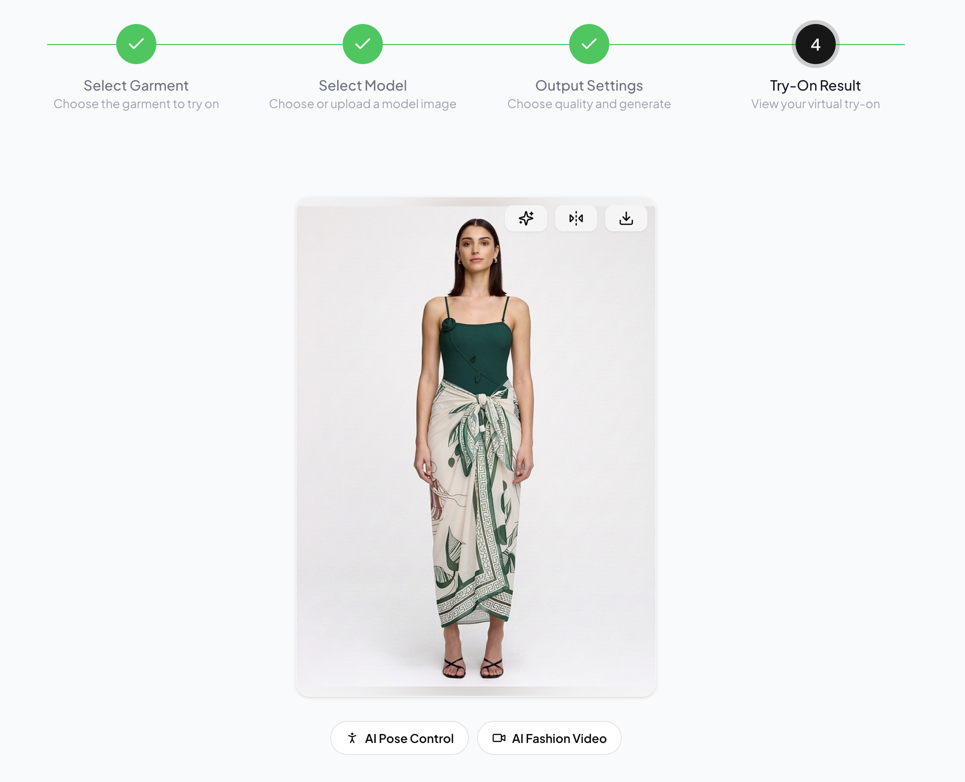 WearView studio result for the green swimsuit and printed cover-up