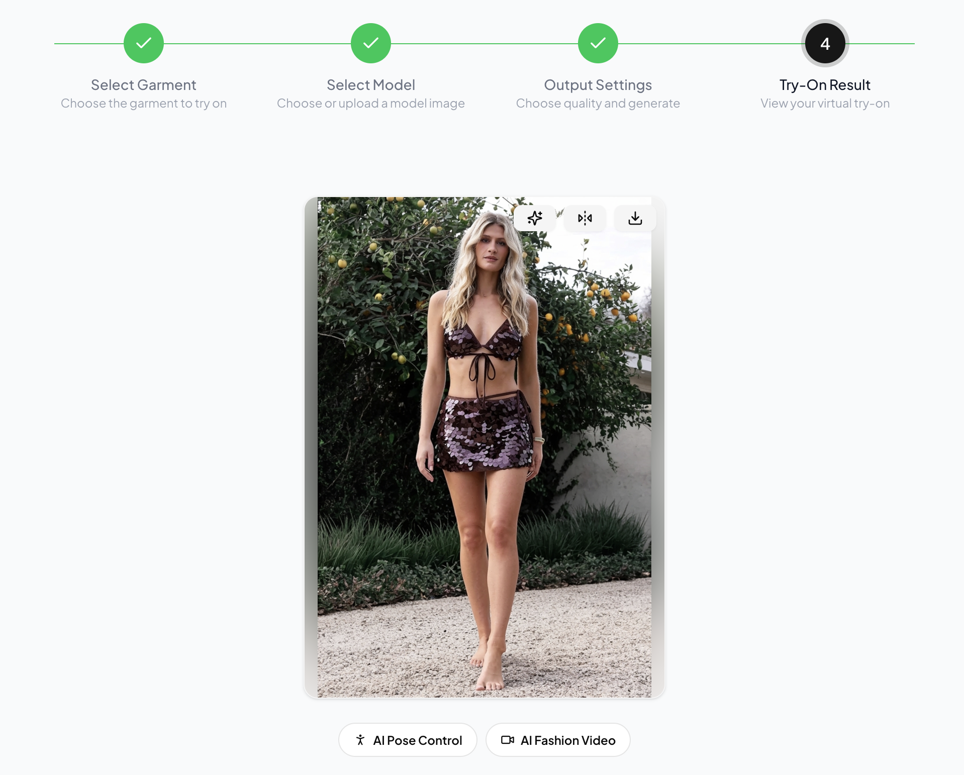WearView lifestyle result for the brown sequin bikini and matching skirt