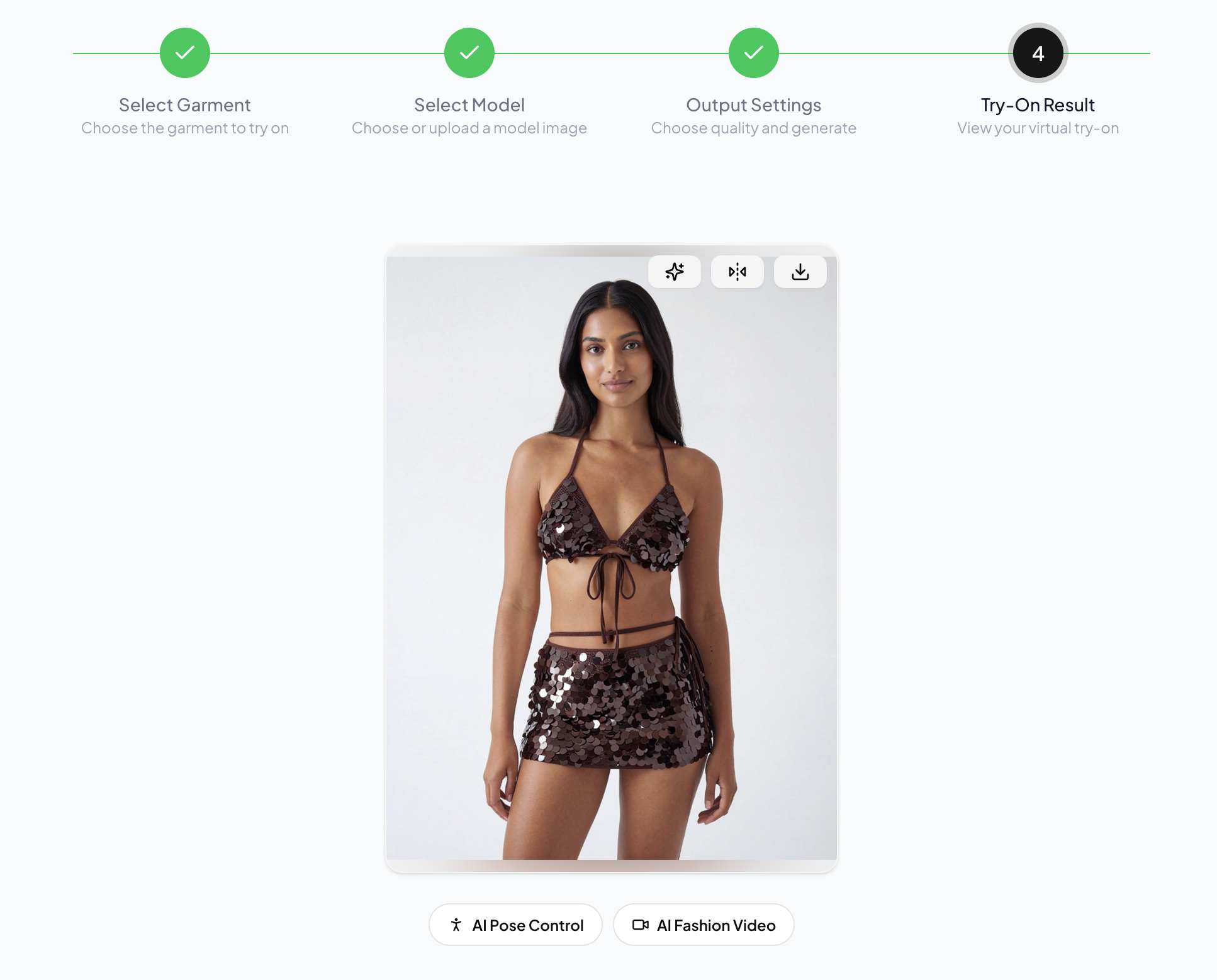 WearView studio result for the brown sequin bikini and matching skirt