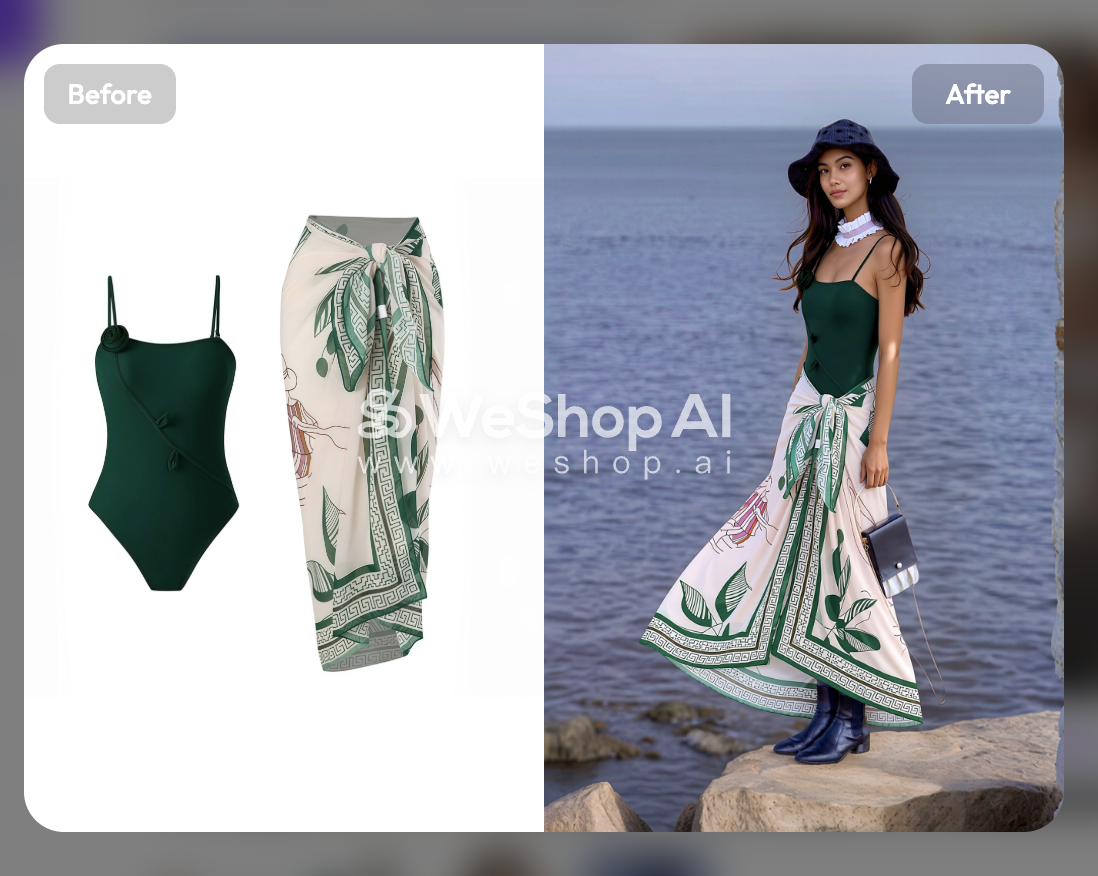 WeShop lifestyle result for the green swimsuit and printed cover-up