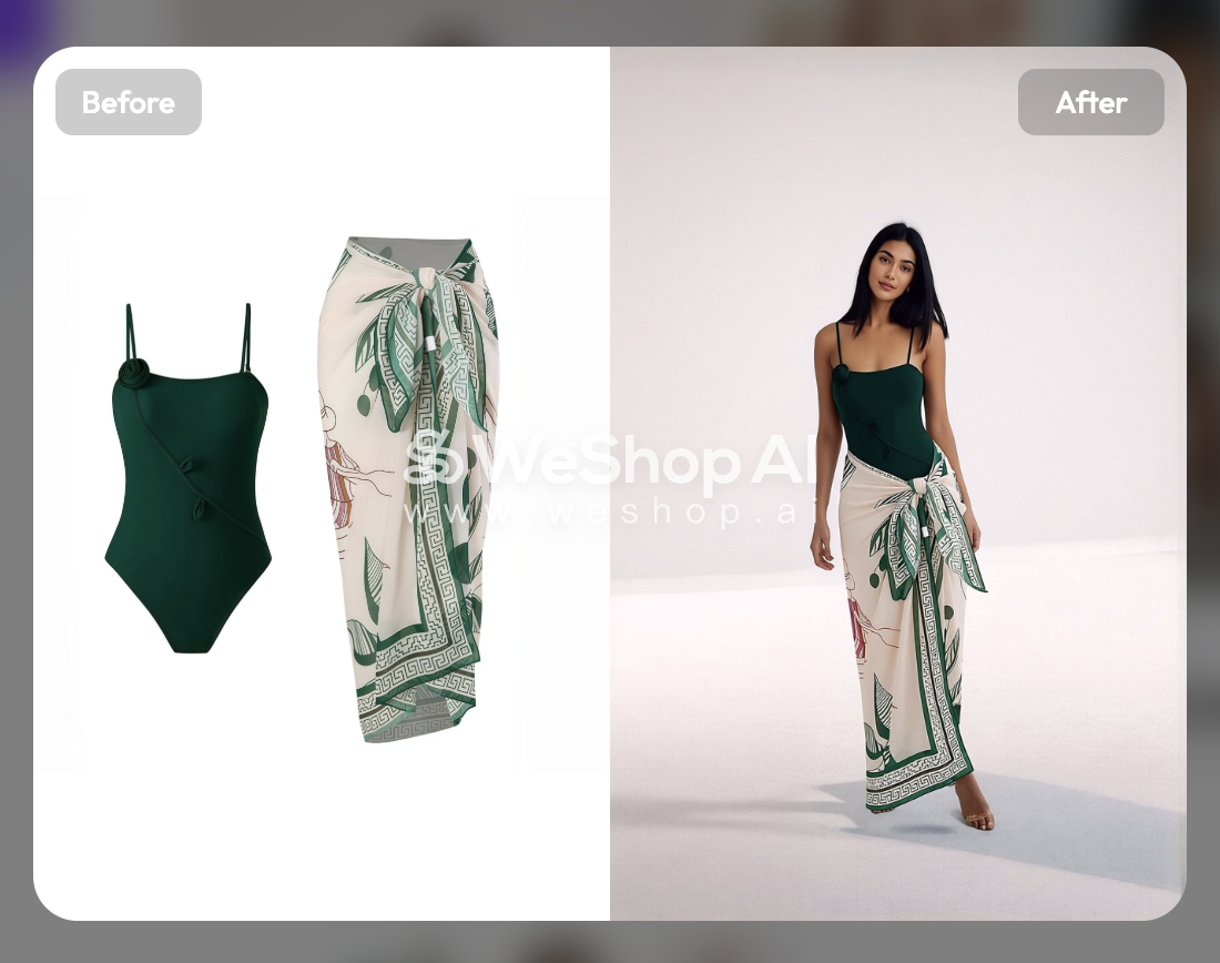 WeShop studio result for the green swimsuit and printed cover-up with one foot missing