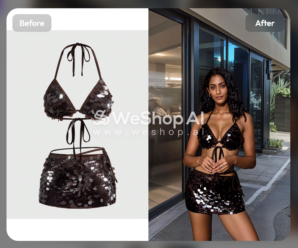 WeShop lifestyle result for the brown sequin bikini and matching skirt