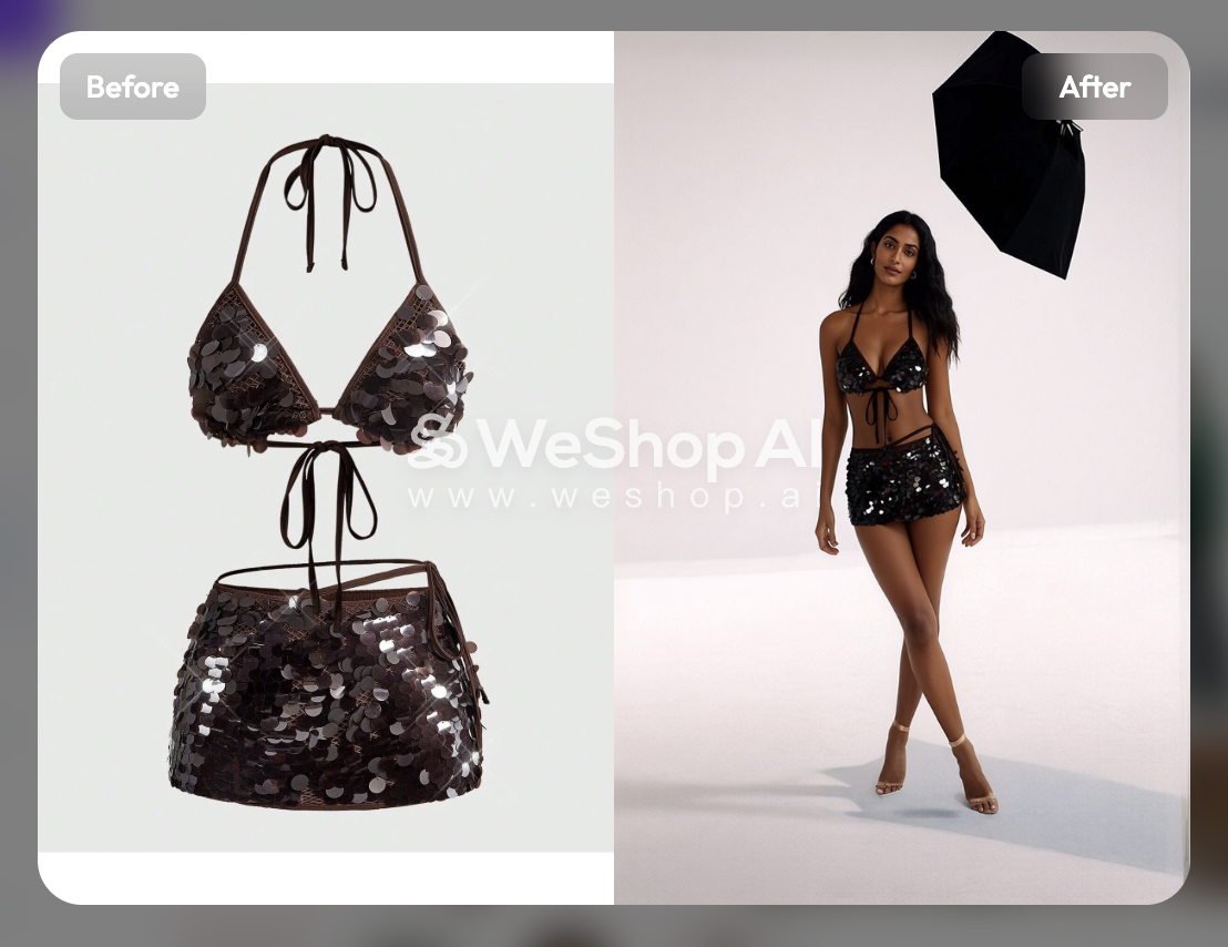 WeShop studio result for the brown sequin bikini and matching skirt with an added black studio light