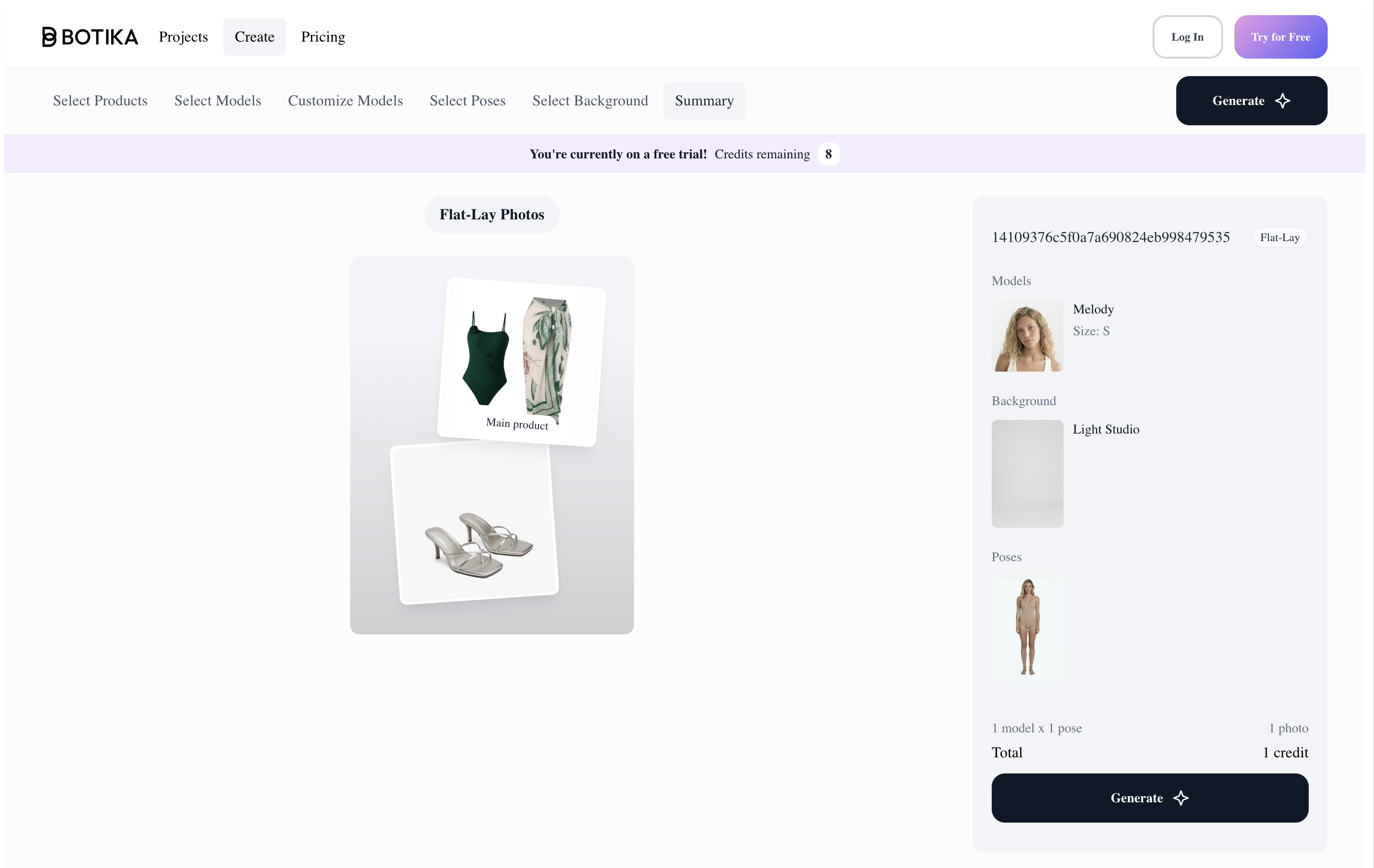 Botika workspace with product, model, pose, background, and generation-summary controls