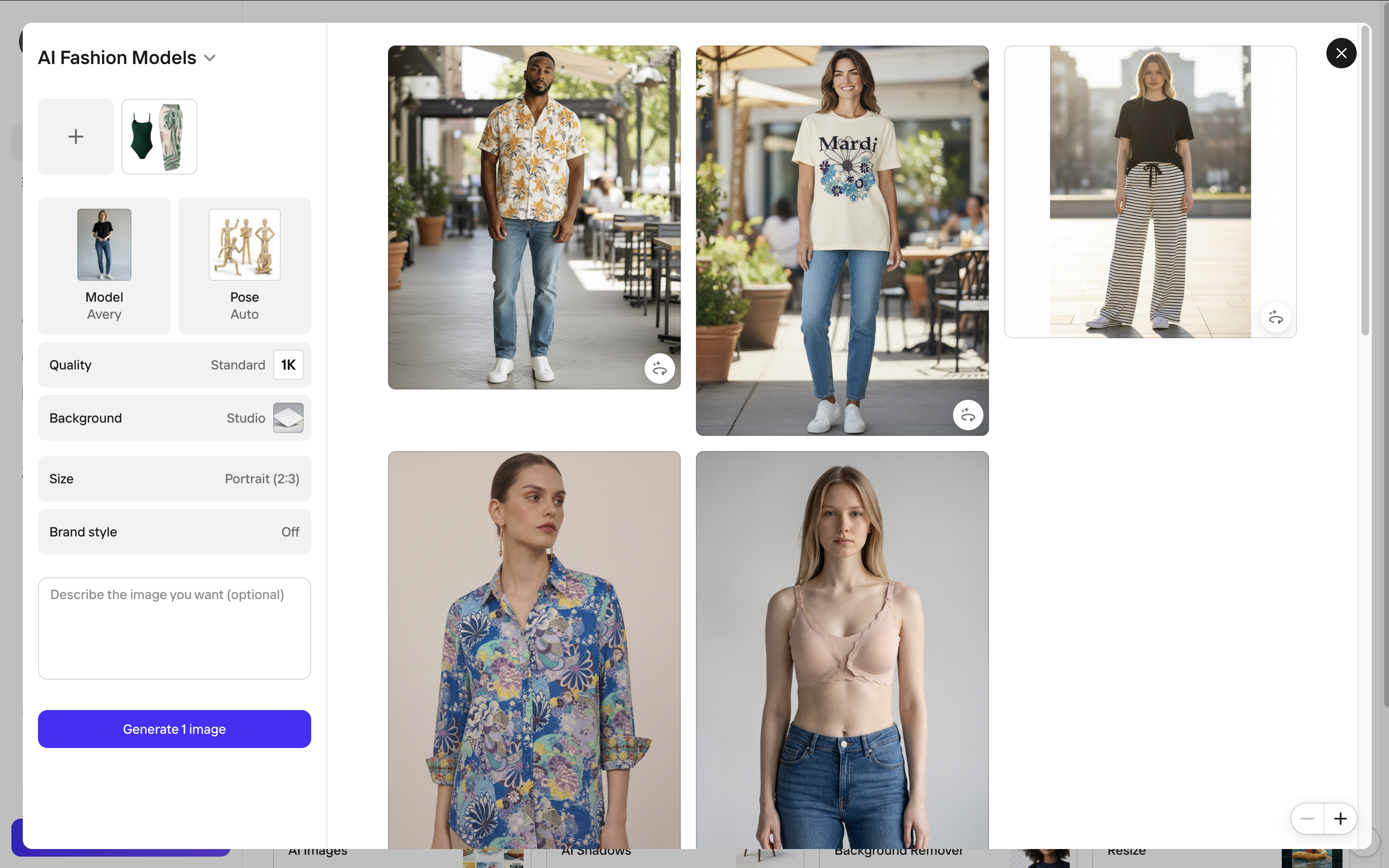 PhotoRoom AI Fashion Models workspace with model, pose, background, quality, and size controls