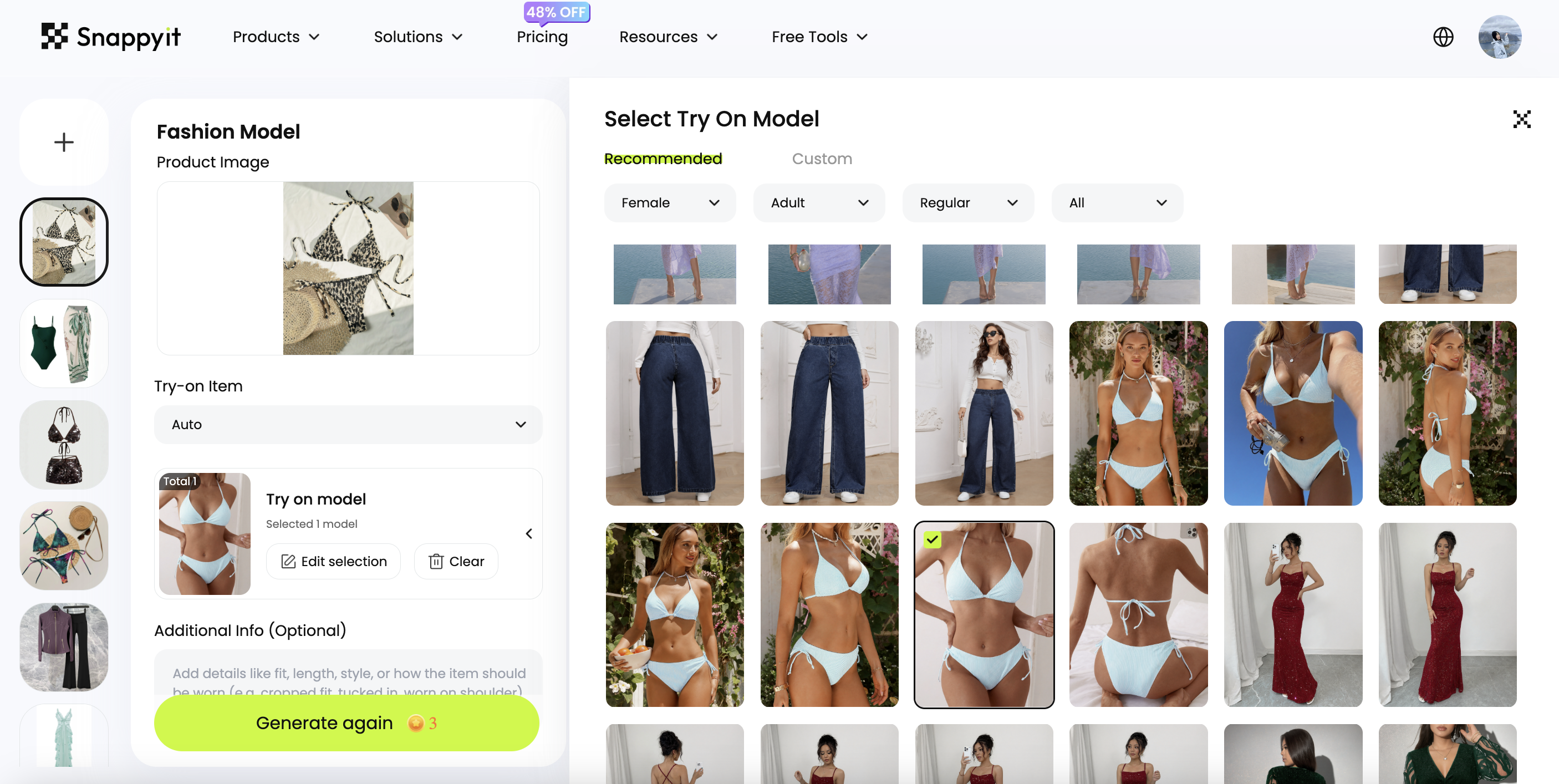 Snappyit Fashion Model workspace with product upload, template selection, and optional prompt controls