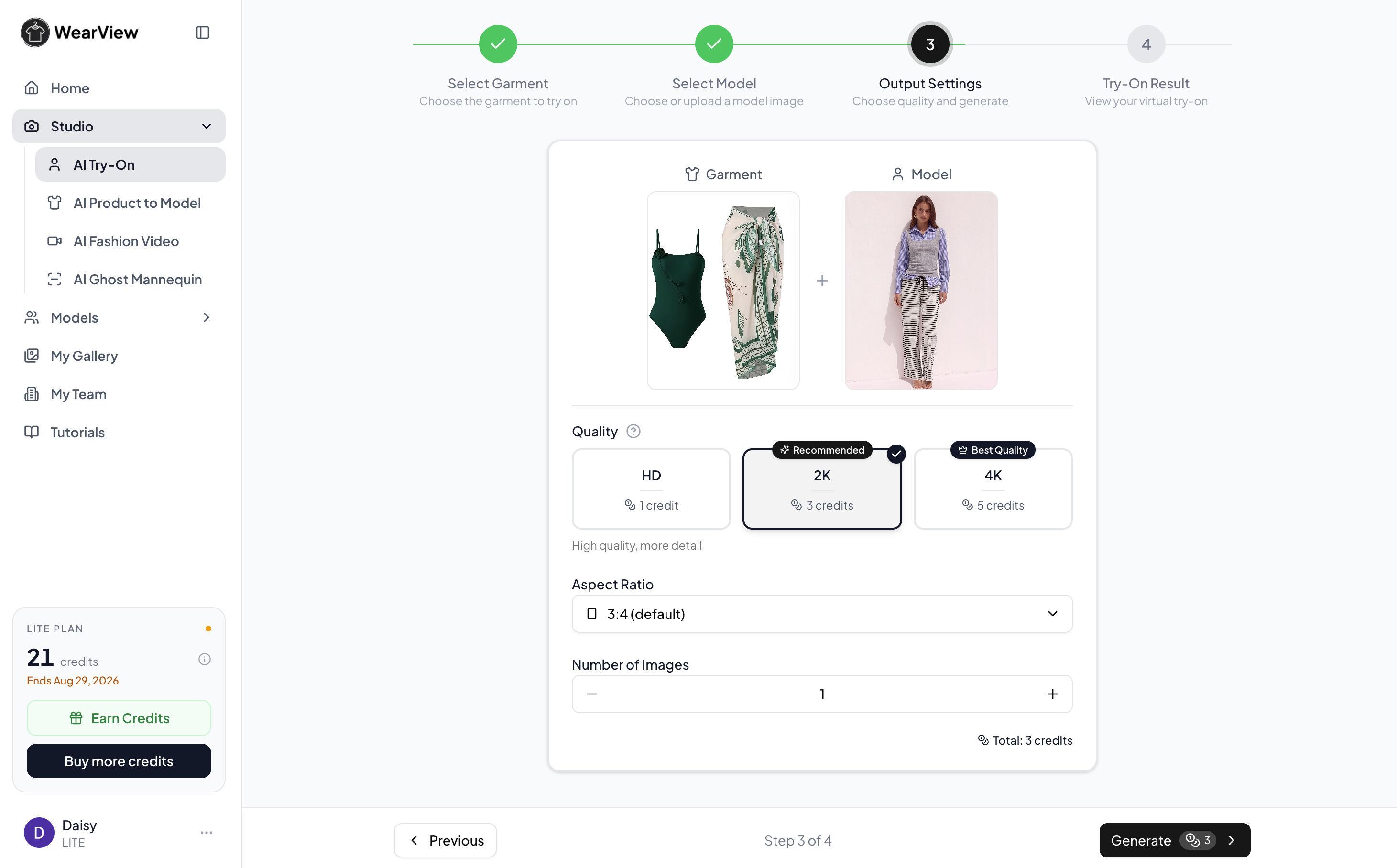 WearView AI Try-On workspace with garment, model, quality, aspect-ratio, and image-count controls
