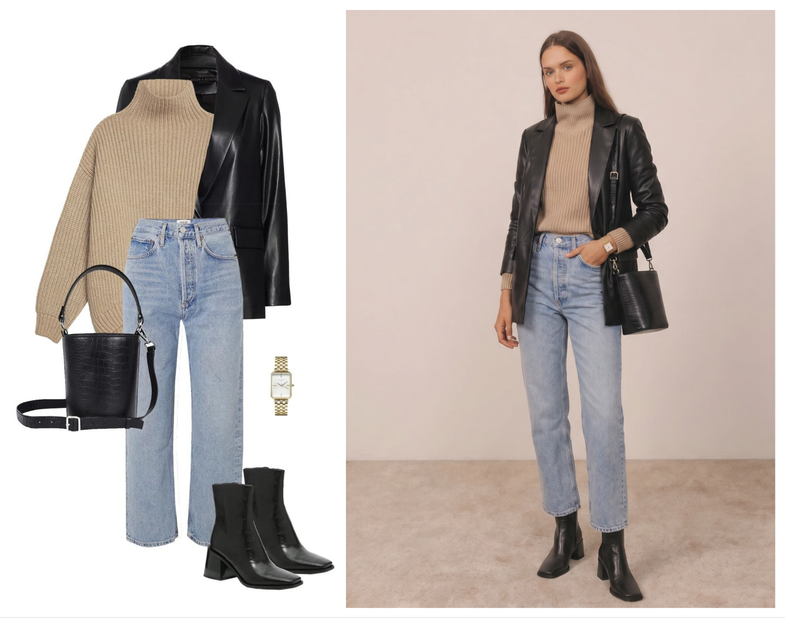 AI wardrobe planner comparing jacket layers, bags and full outfit styling before buying more pieces