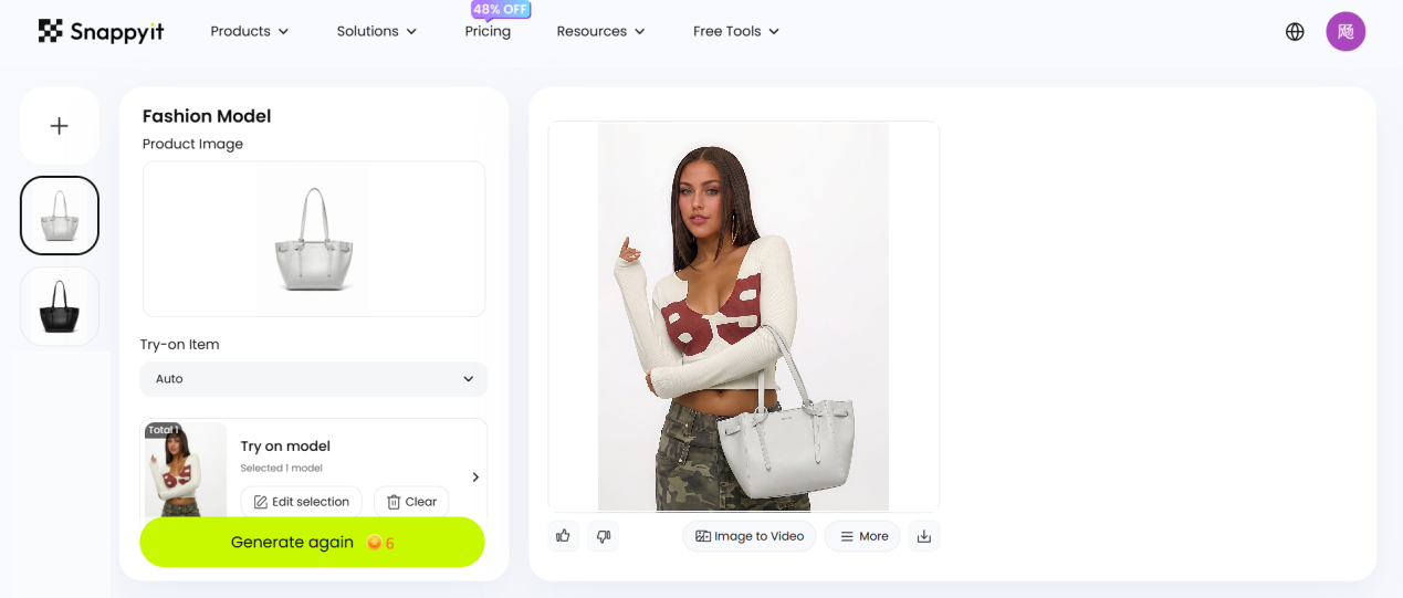 Snappyit Fashion Model workbench creating an on-model tote image