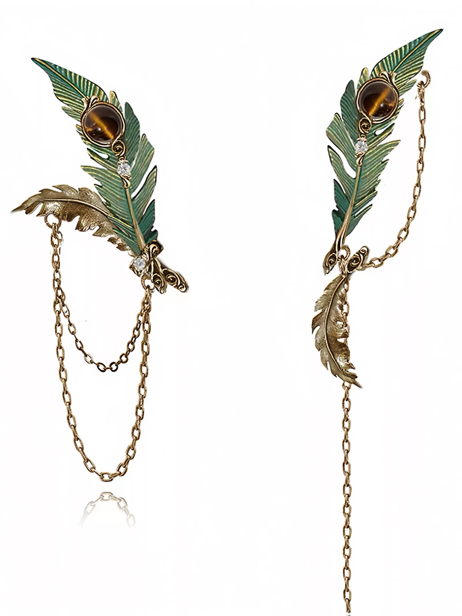 Feather earrings product photo before AI — green enamel feathers with tiger's eye cabochons and hanging chain tassels on white background