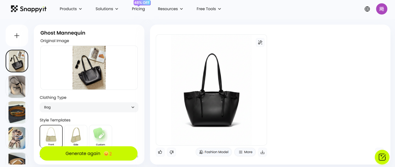 Snappyit Ghost Mannequin workbench turning a flat tote photo into an upright product image